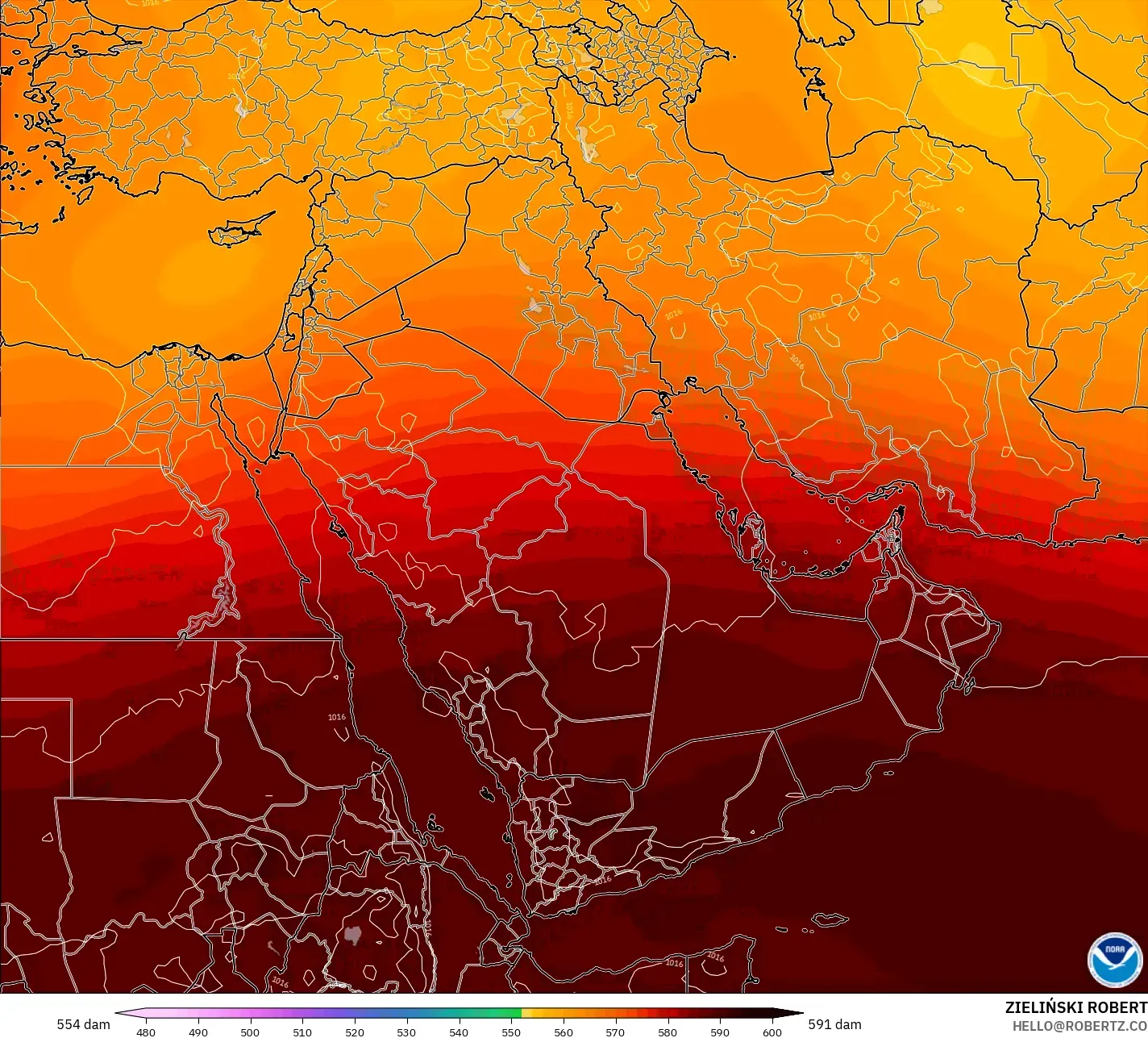 GFS modelo - Oriente Medio, Altura geopotencial a 500 hPa