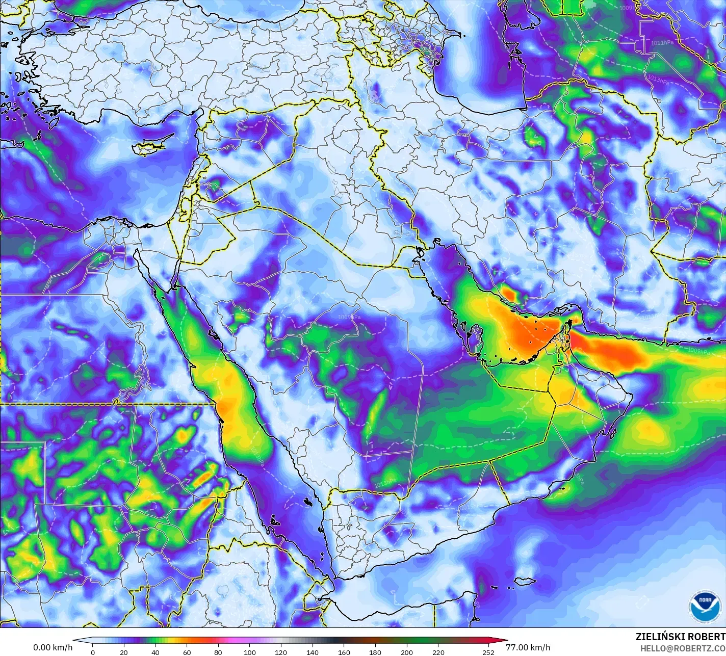 GFS modelo - Oriente Medio, Ráfagas de Viento Máximas
