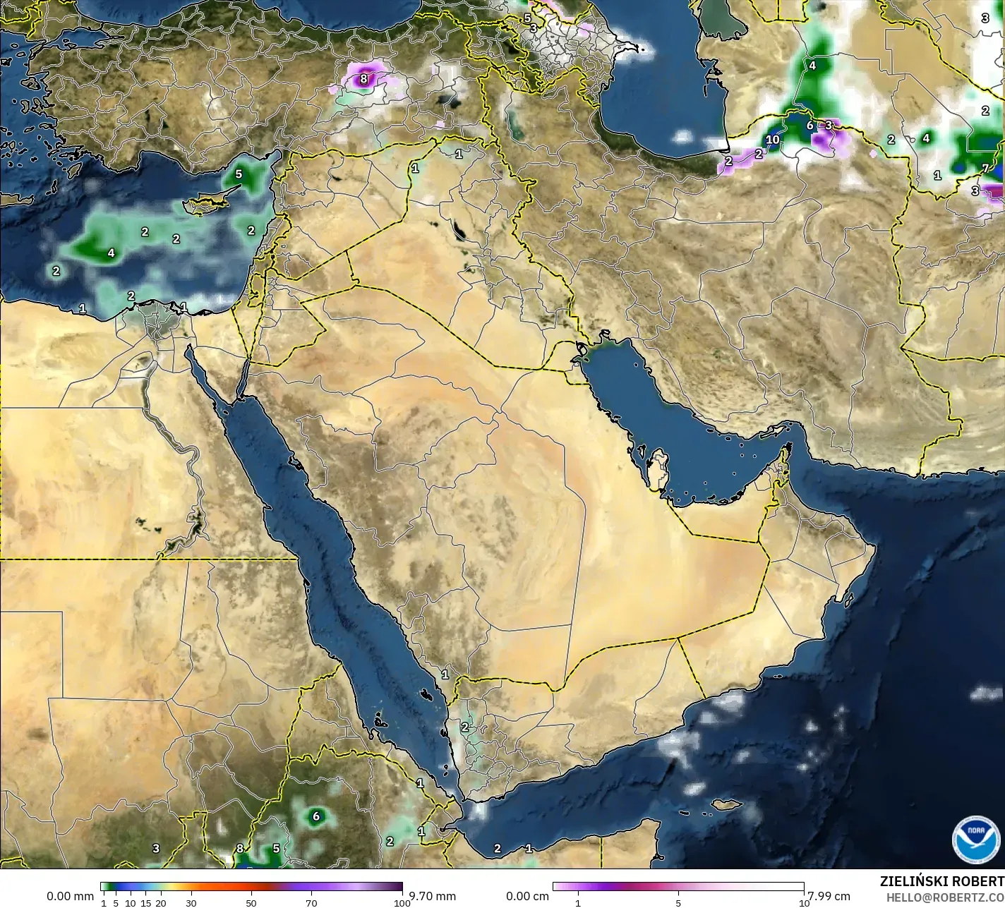 GFS modelo - Oriente Medio, Precipitación, nubes y presión