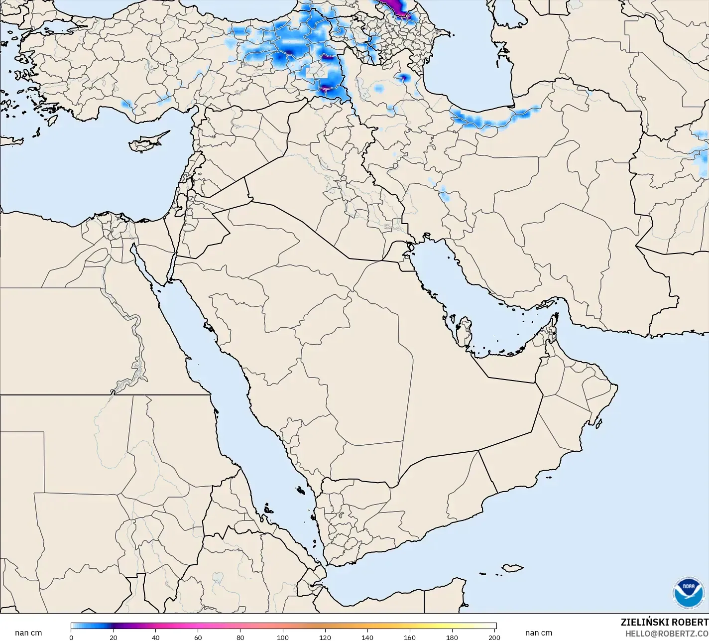 GFS modelo - Oriente Medio, Profundidad de nieve