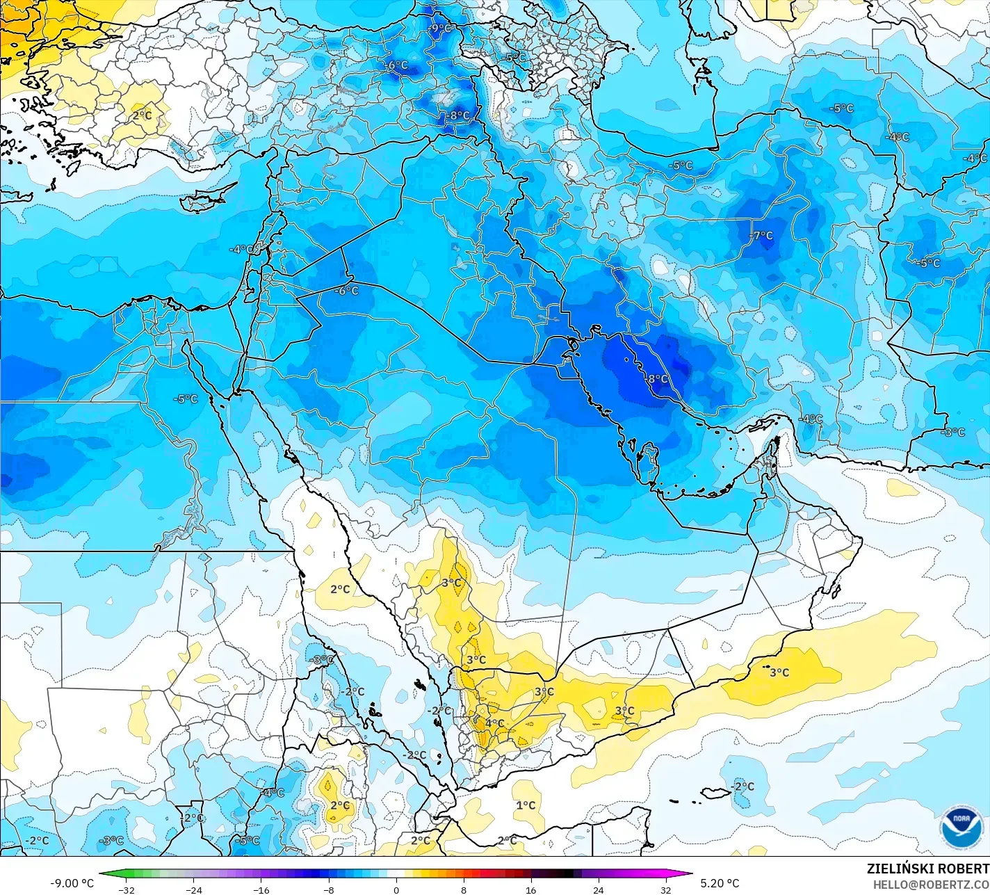 GFS modelo - Oriente Medio, Anomalía de temperatura a 850 hPa