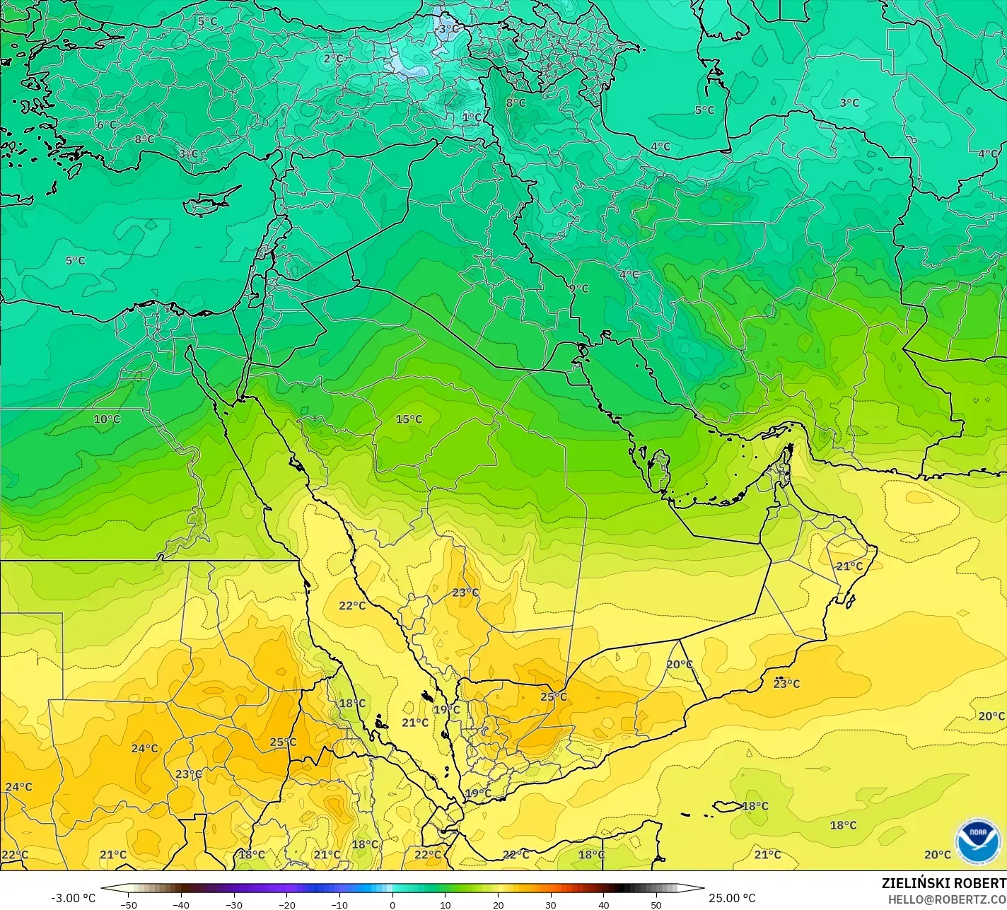 GFS modelo - Oriente Medio, Temperatura a 850 hPa