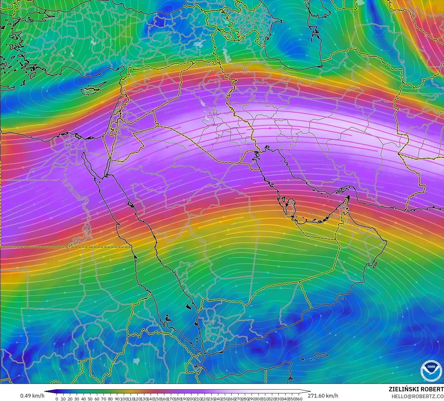 GFS modelo - Oriente Medio, Viento a 300 hPa (corriente en chorro)
