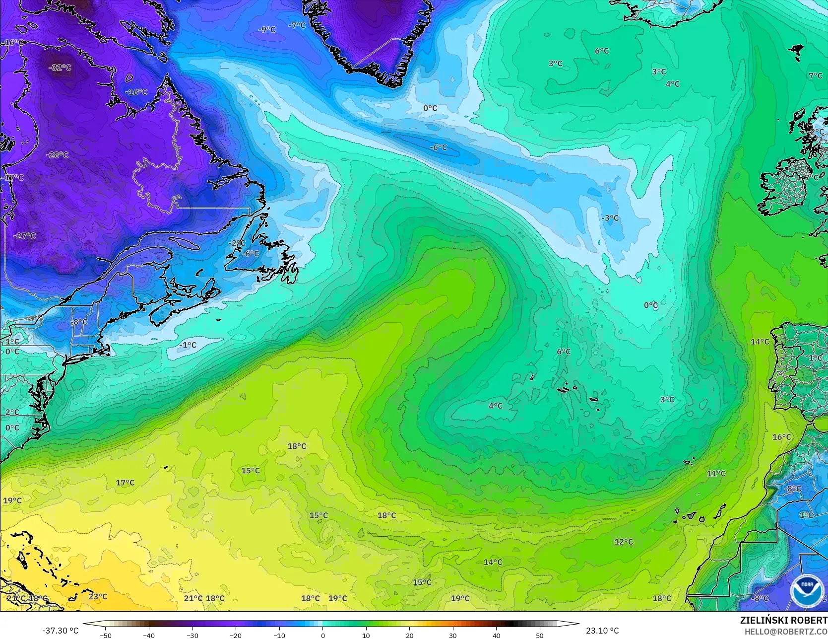 GFS modelo - Norte Atlántico, Punto de rocío a 2 m