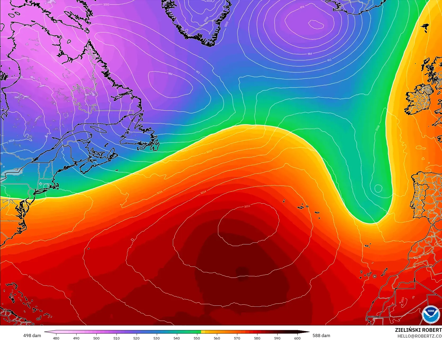GFS modelo - Norte Atlántico, Altura geopotencial a 500 hPa