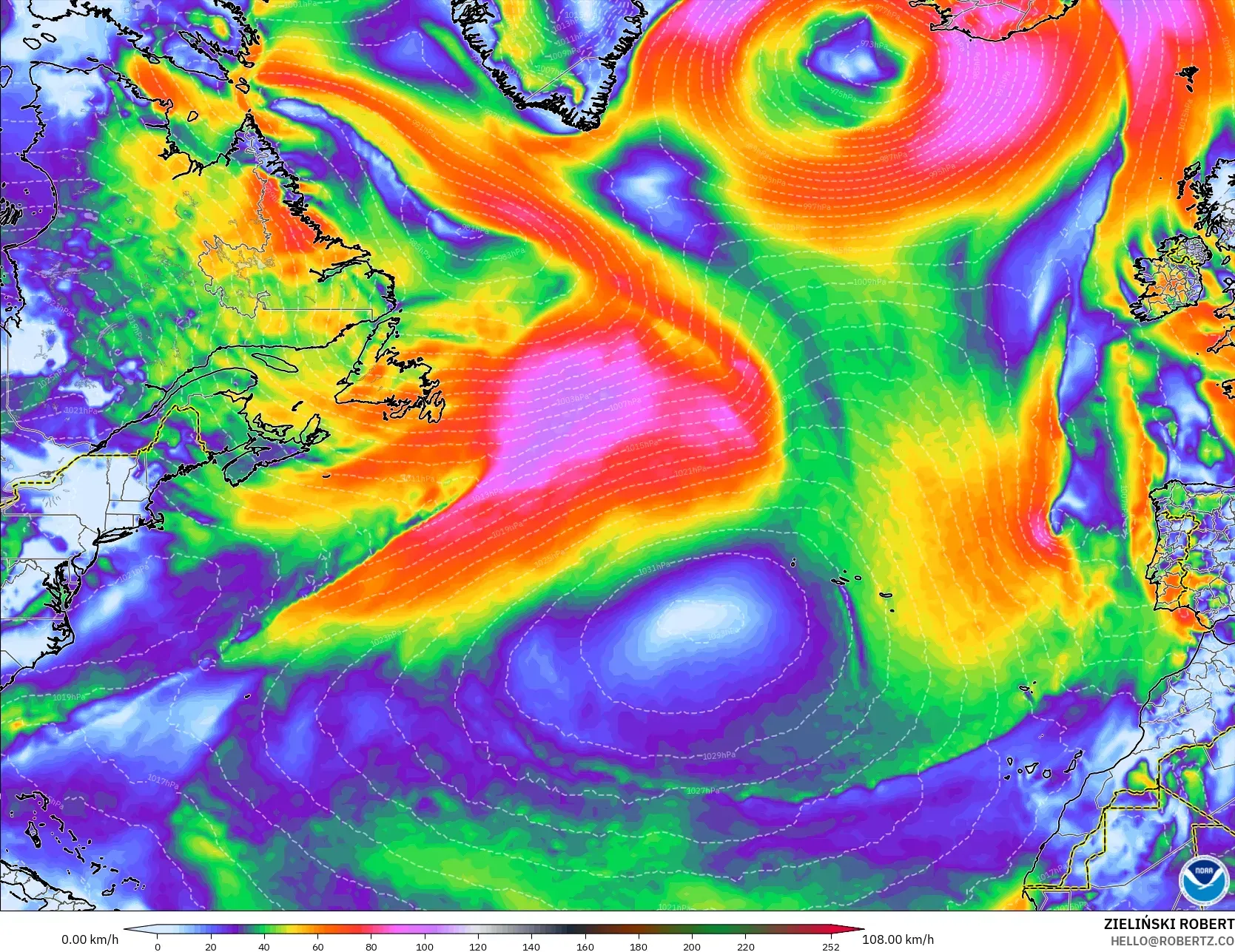 GFS modelo - Norte Atlántico, Ráfagas de Viento Máximas