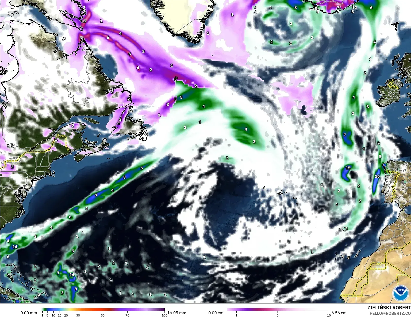 GFS modelo - Norte Atlántico, Precipitación, nubes y presión