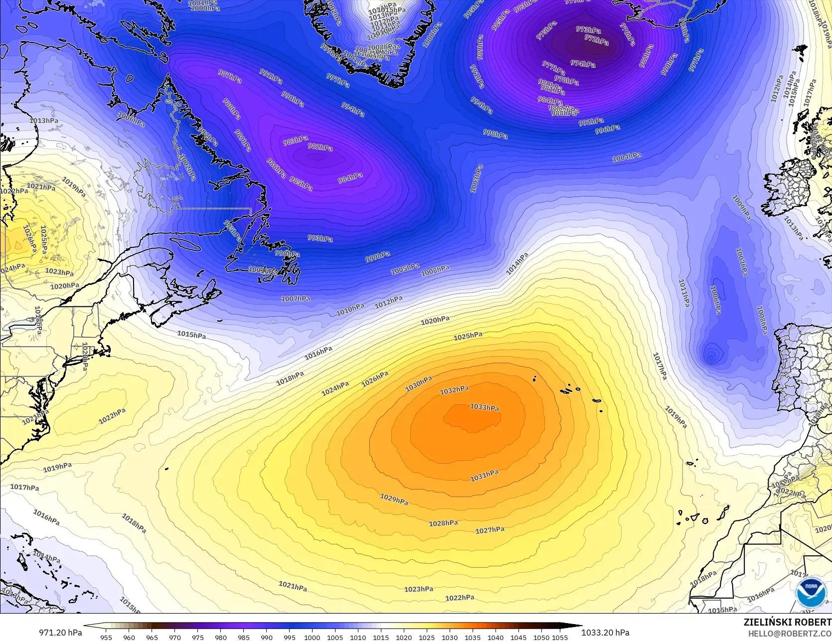 GFS modelo - Norte Atlántico, Presión