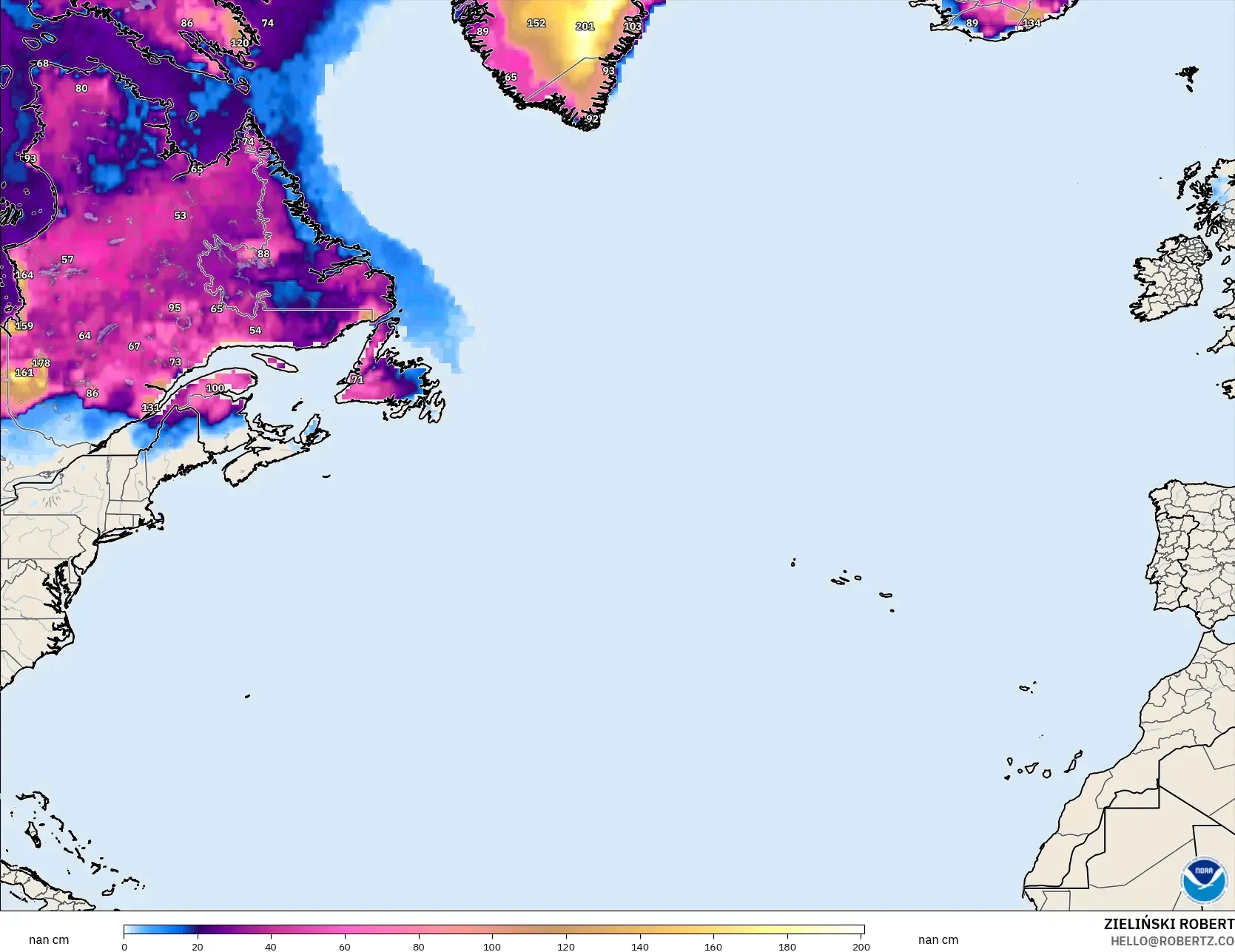 GFS modelo - Norte Atlántico, Profundidad de nieve