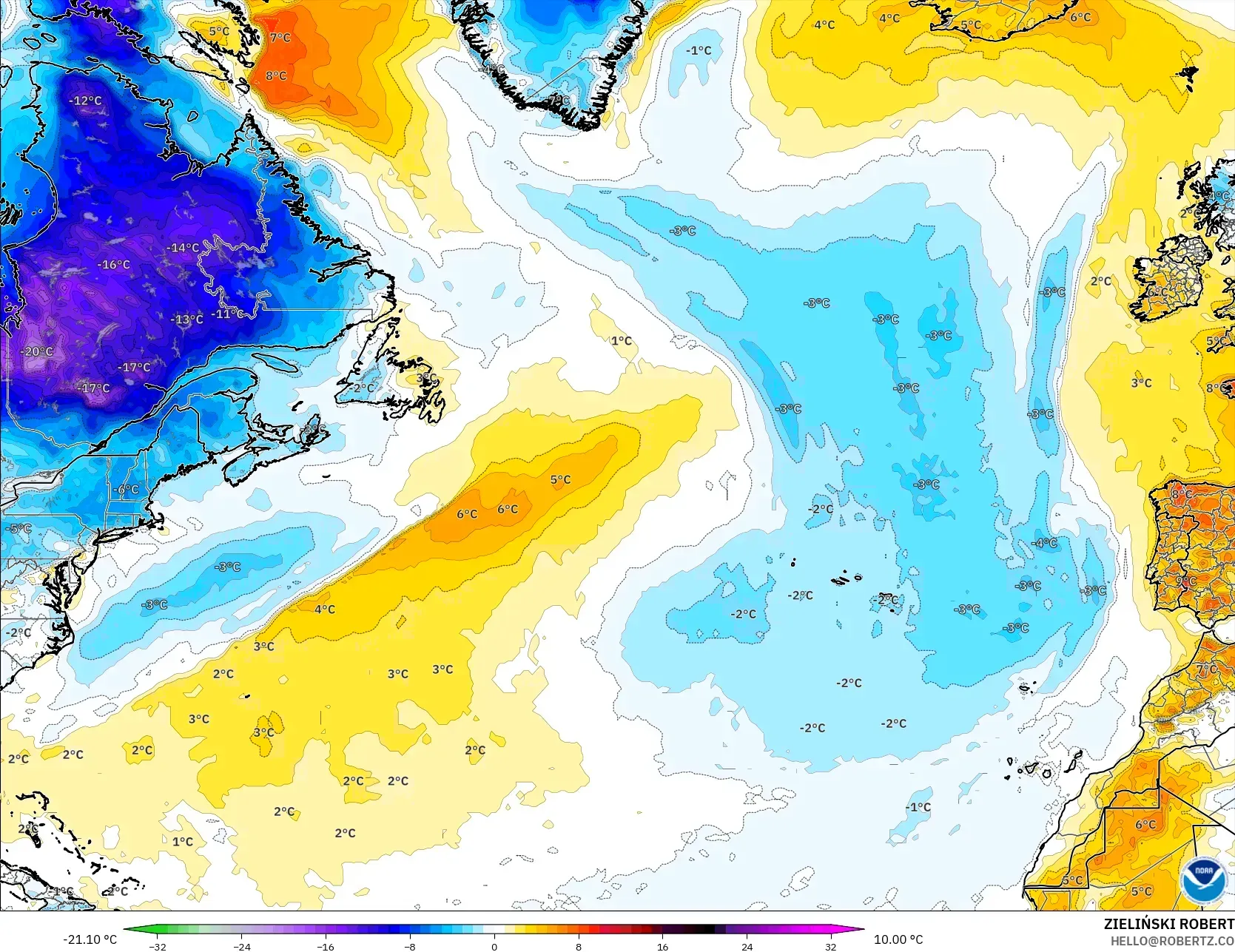 GFS modelo - Norte Atlántico, Anomalía de temperatura a 2 m
