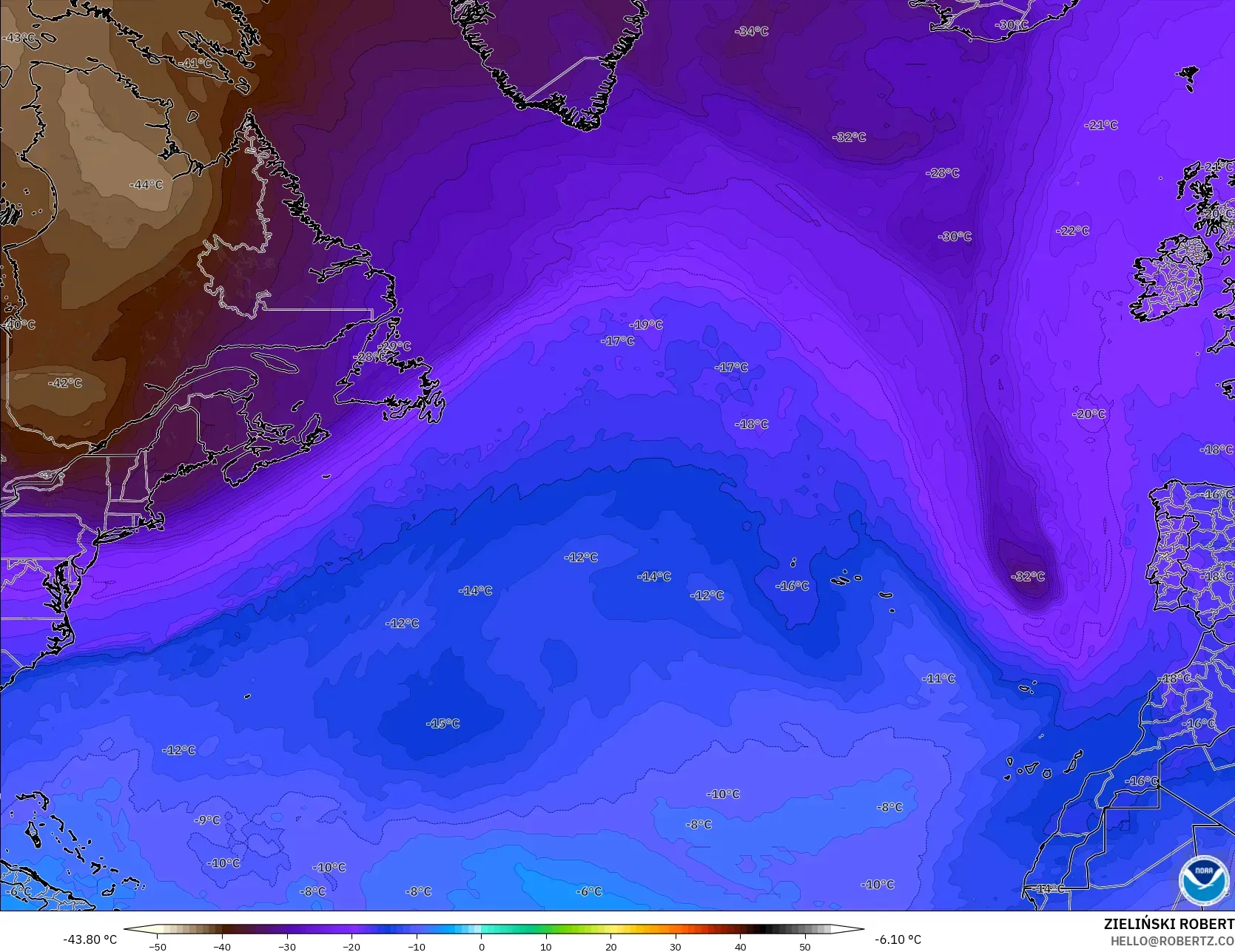 GFS modelo - Norte Atlántico, Temperatura a 500 hPa