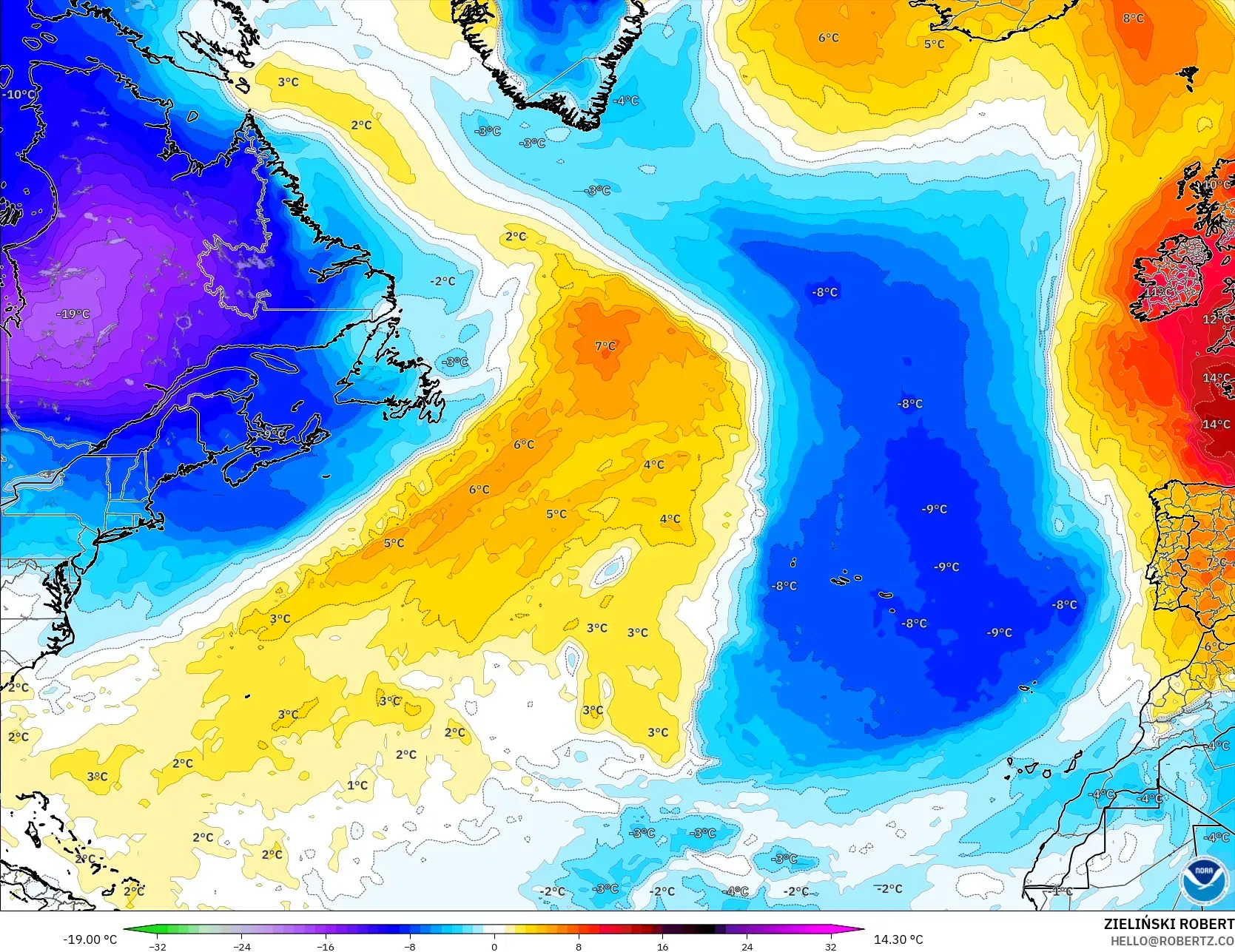 GFS modelo - Norte Atlántico, Anomalía de temperatura a 850 hPa