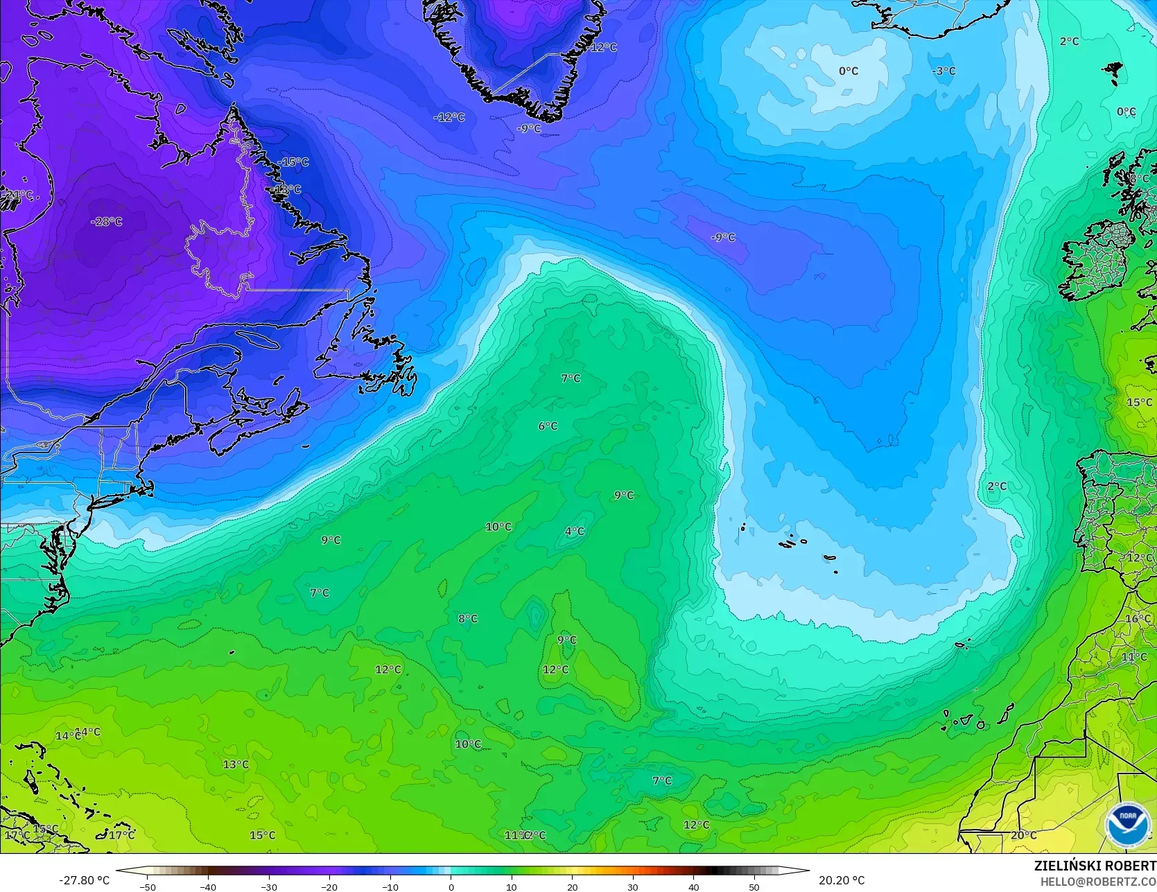 GFS modelo - Norte Atlántico, Temperatura a 850 hPa