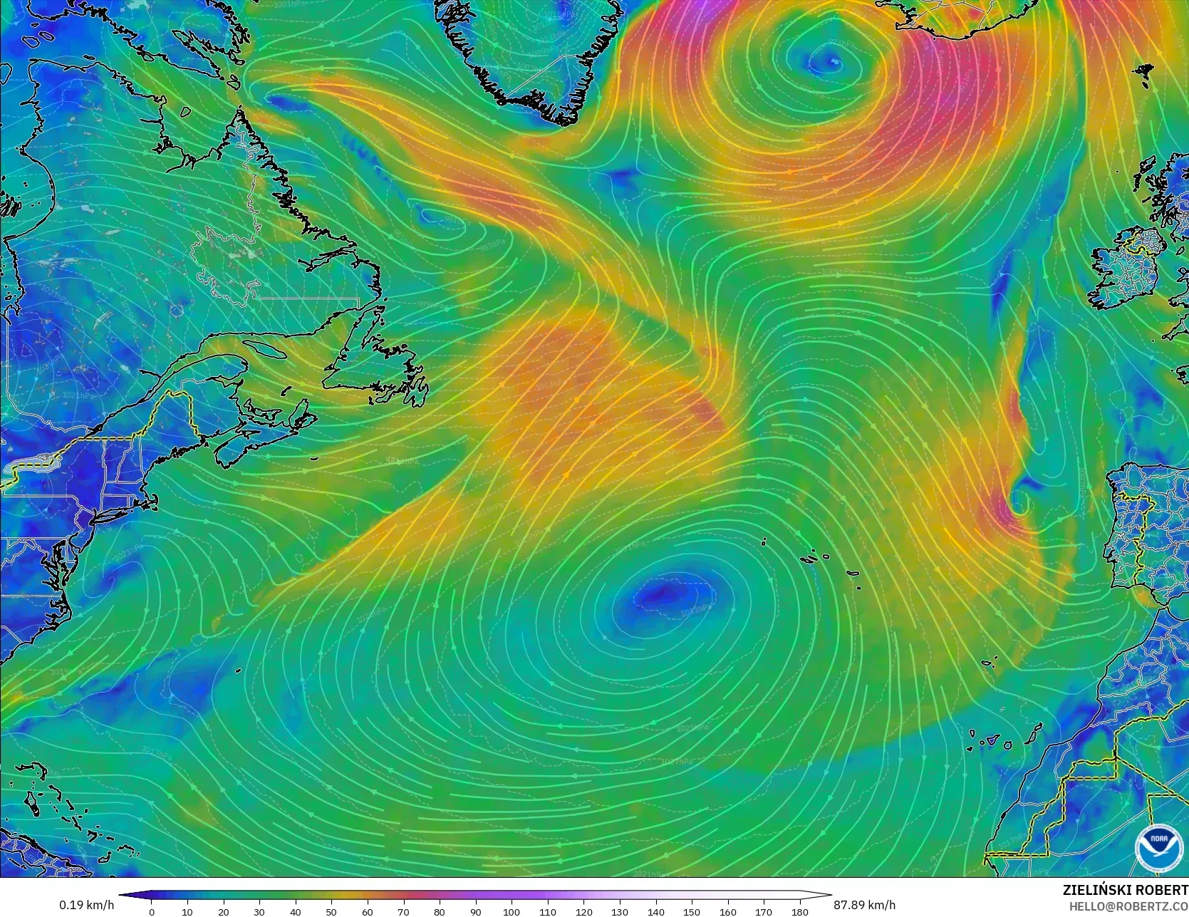 GFS modelo - Norte Atlántico, Viento a 10 m