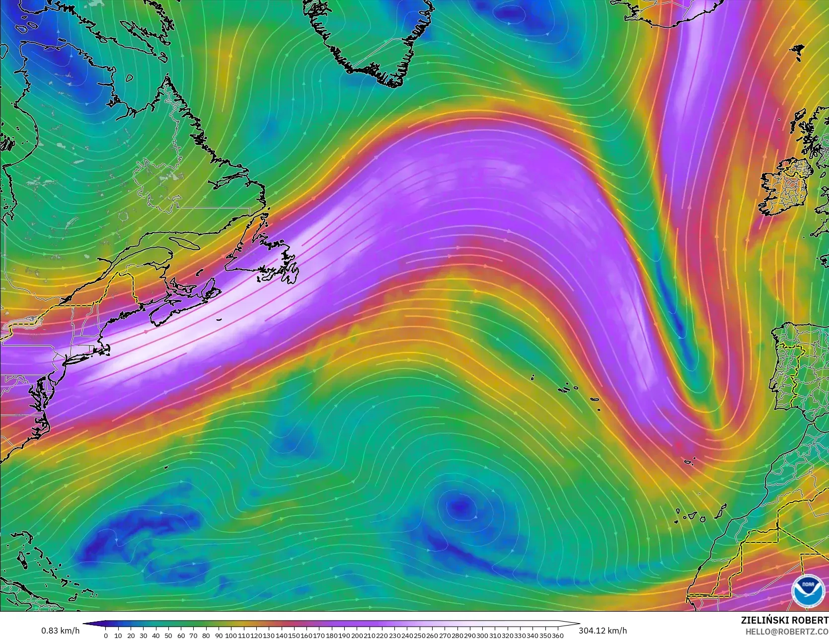 GFS modelo - Norte Atlántico, Viento a 300 hPa (corriente en chorro)
