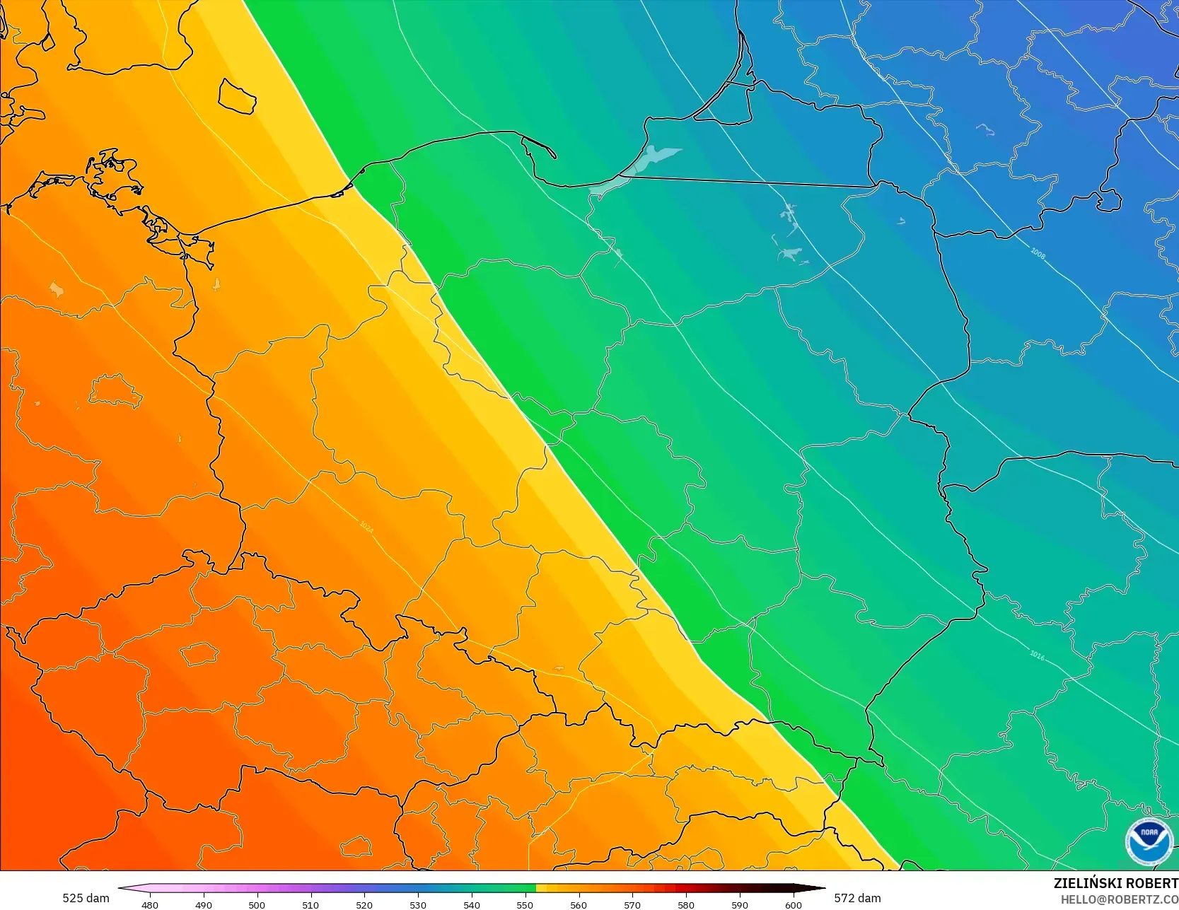 GFS modelo - Polonia, Altura geopotencial a 500 hPa