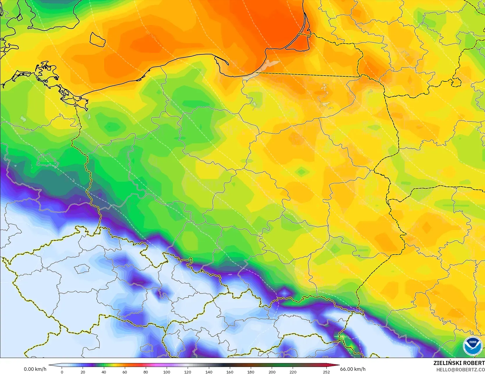 GFS modelo - Polonia, Ráfagas de Viento Máximas