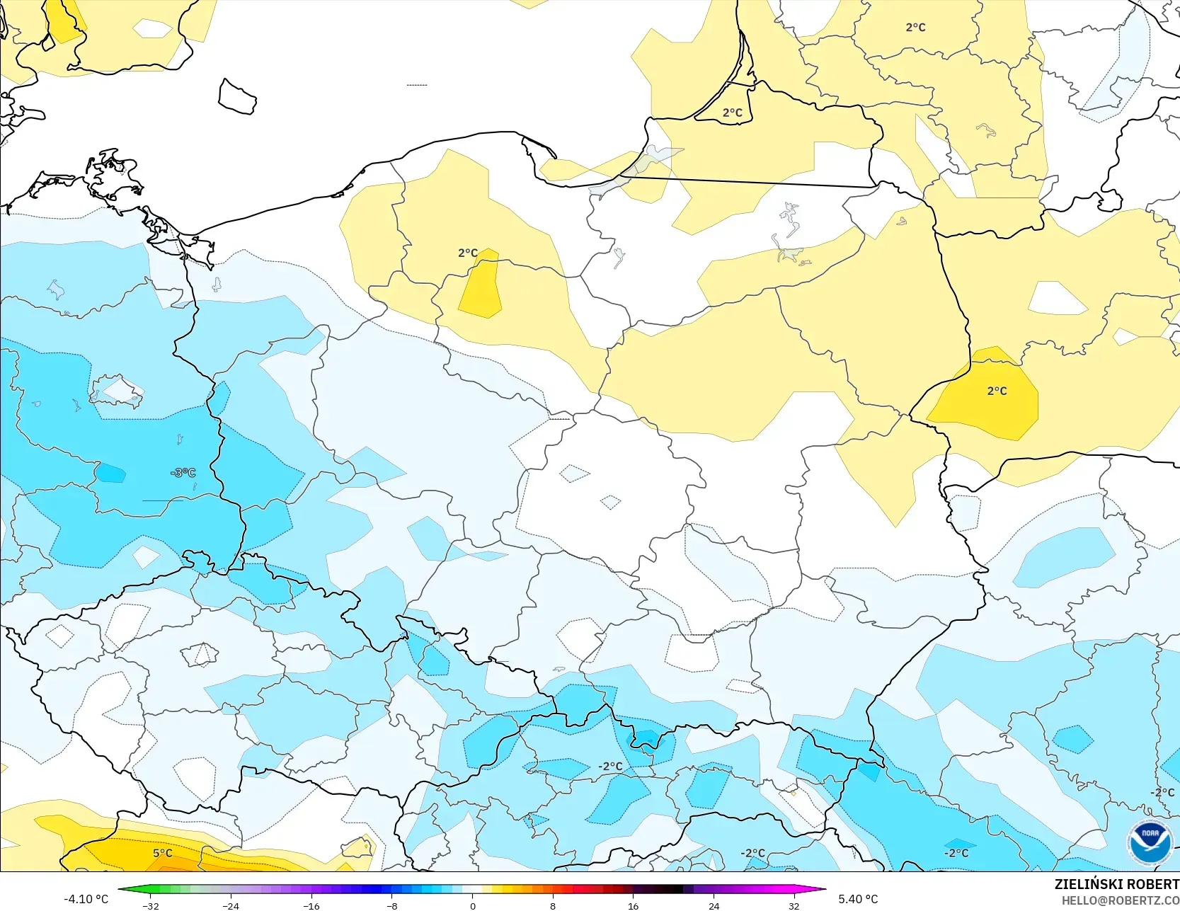 GFS modelo - Polonia, Anomalía de temperatura a 2 m