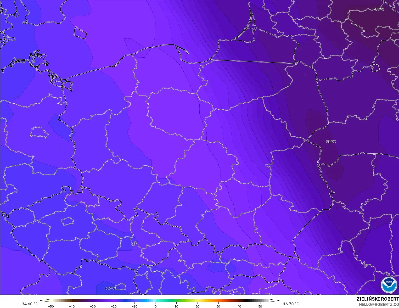 GFS modelo - Polonia, Temperatura a 500 hPa