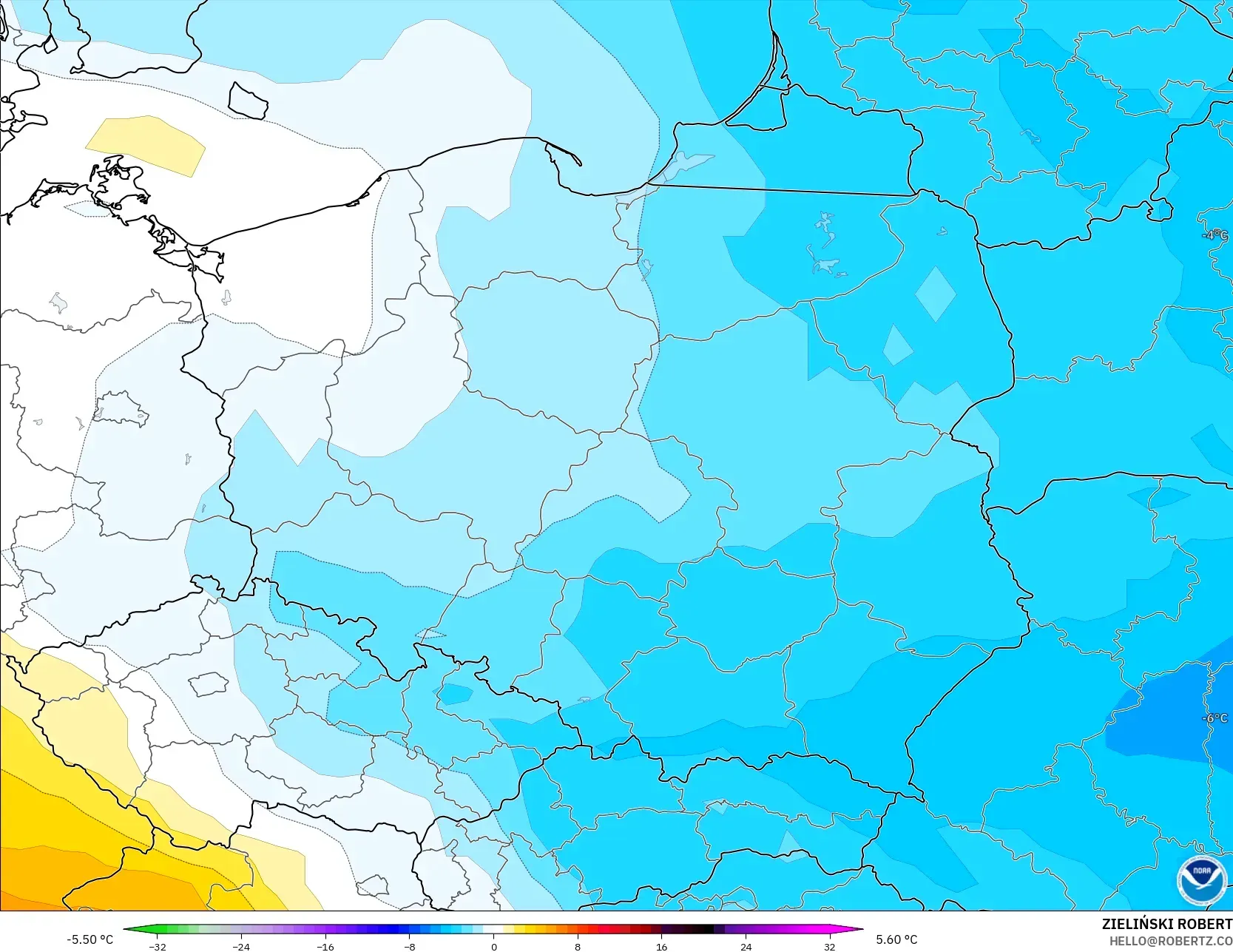 GFS modelo - Polonia, Anomalía de temperatura a 850 hPa
