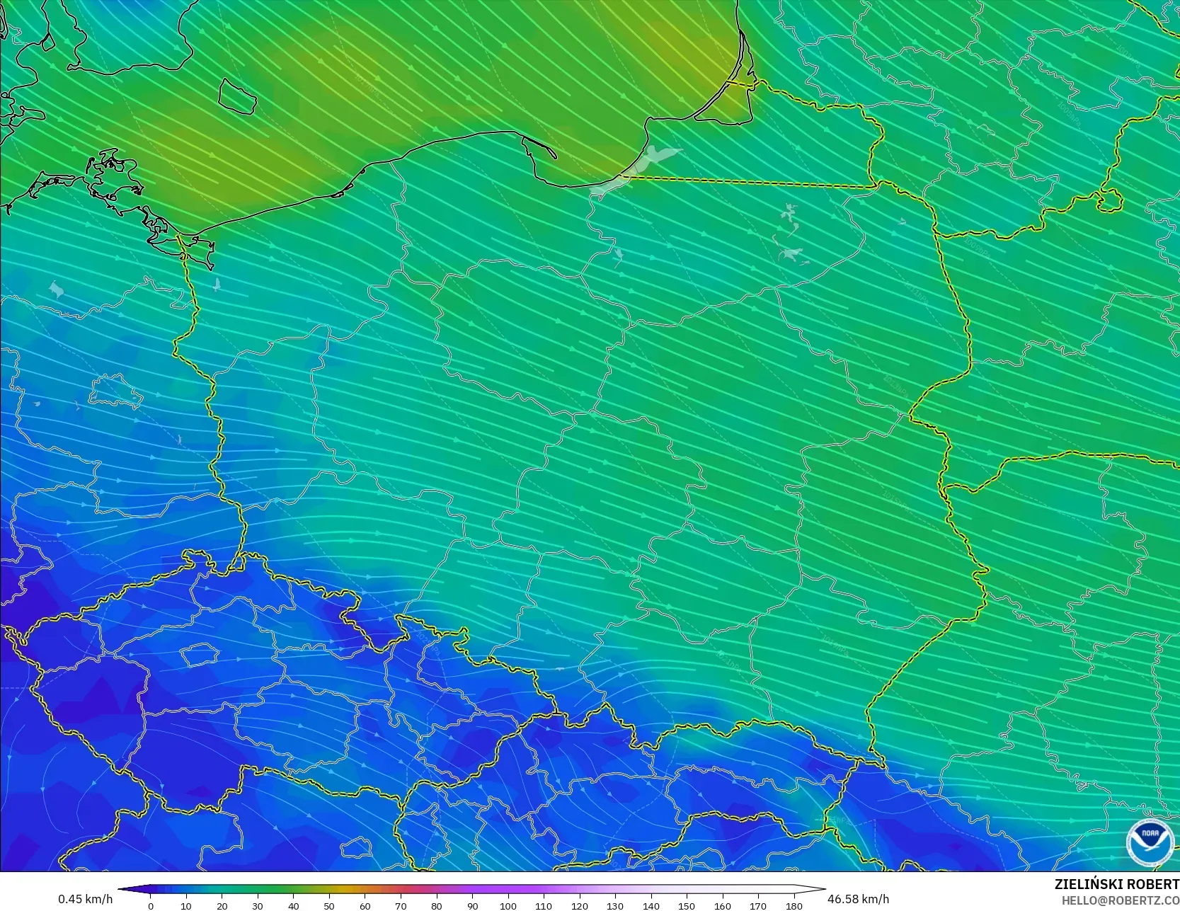 GFS modelo - Polonia, Viento a 10 m