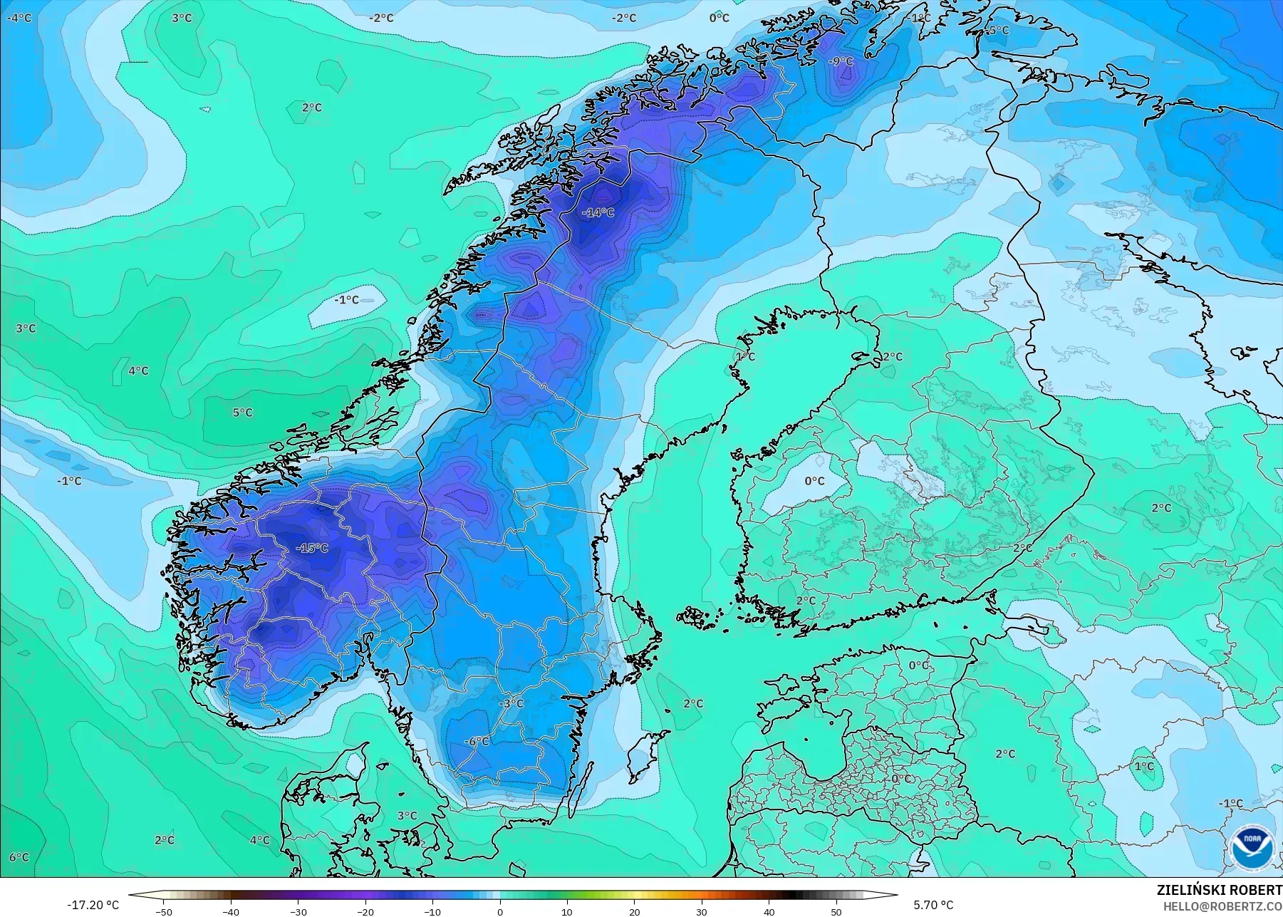 GFS modelo - Escandinavia, Punto de rocío a 2 m