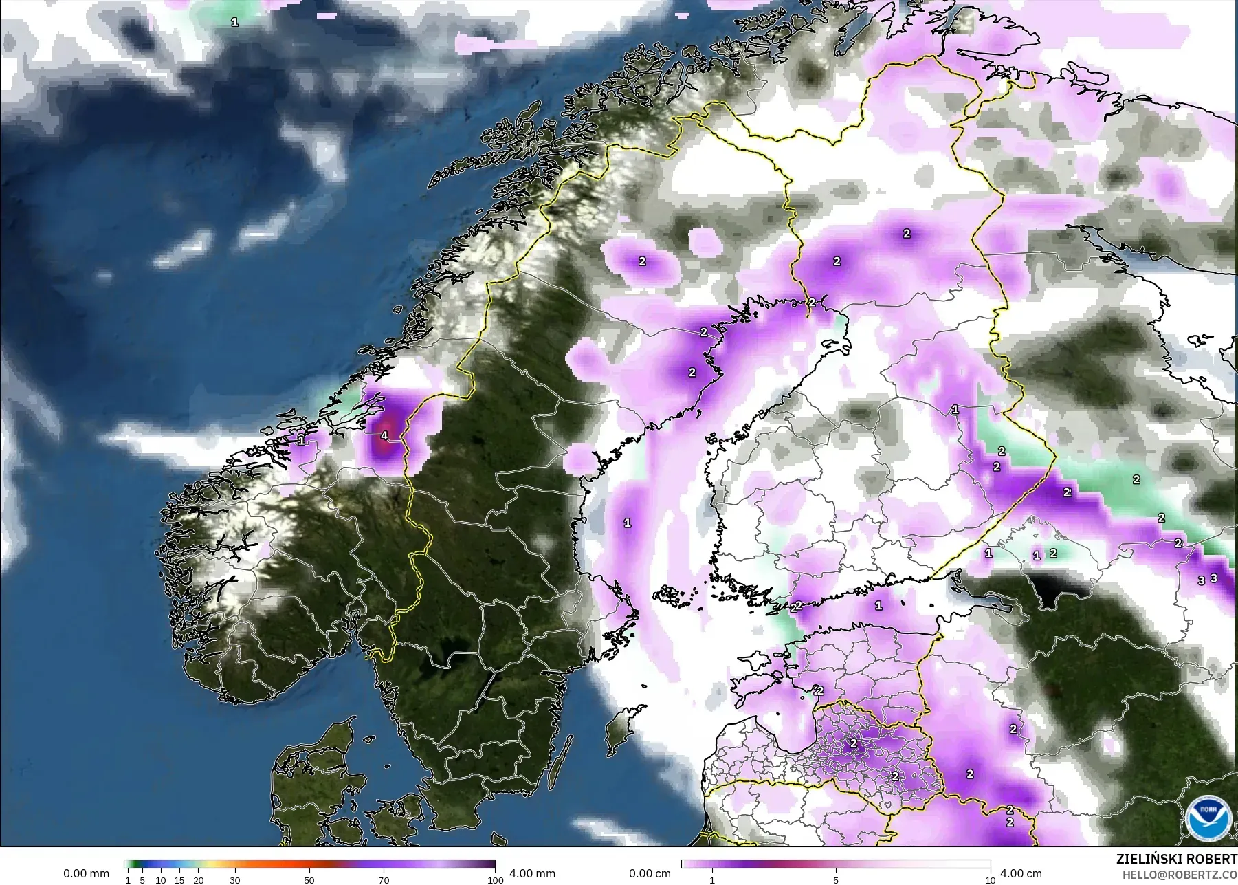 GFS modelo - Escandinavia, Precipitación, nubes y presión