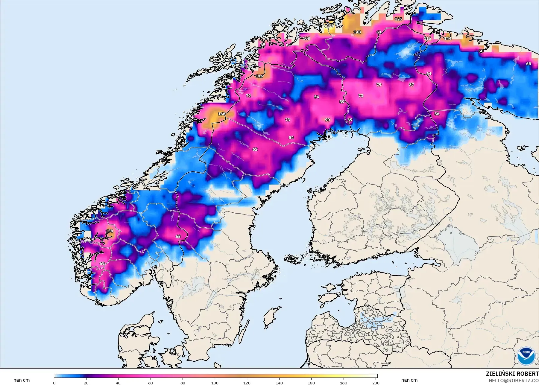 GFS modelo - Escandinavia, Profundidad de nieve