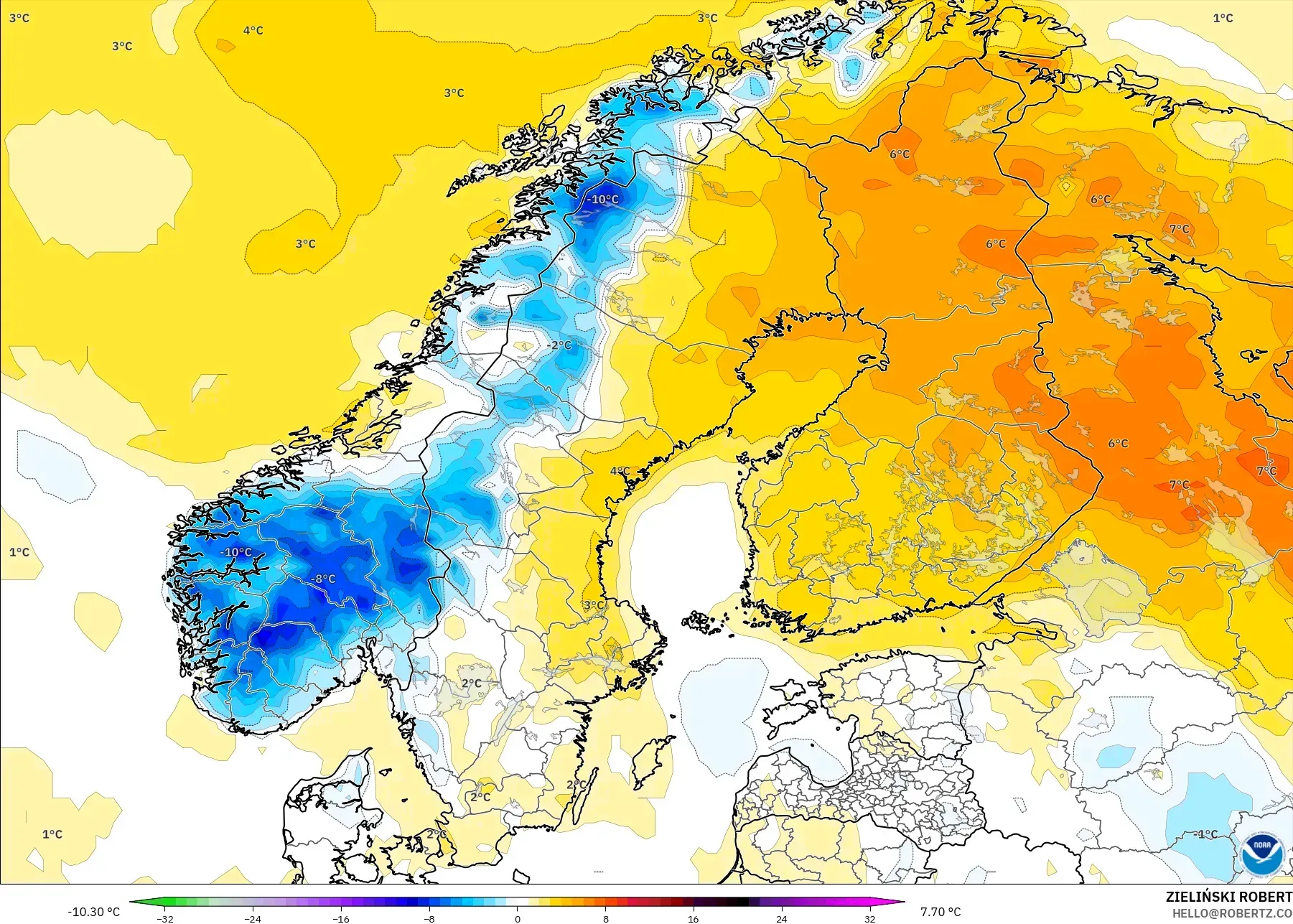 GFS modelo - Escandinavia, Anomalía de temperatura a 2 m