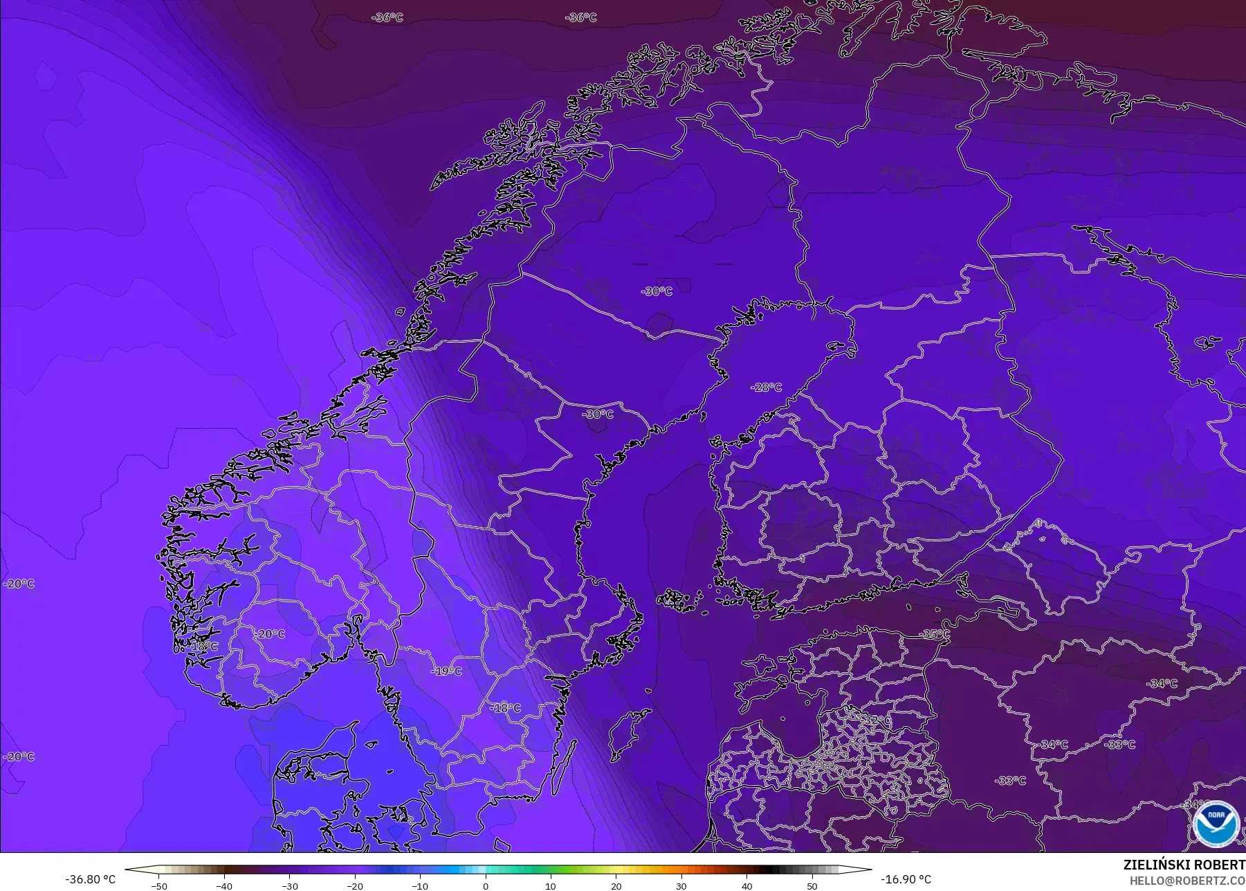 GFS modelo - Escandinavia, Temperatura a 500 hPa