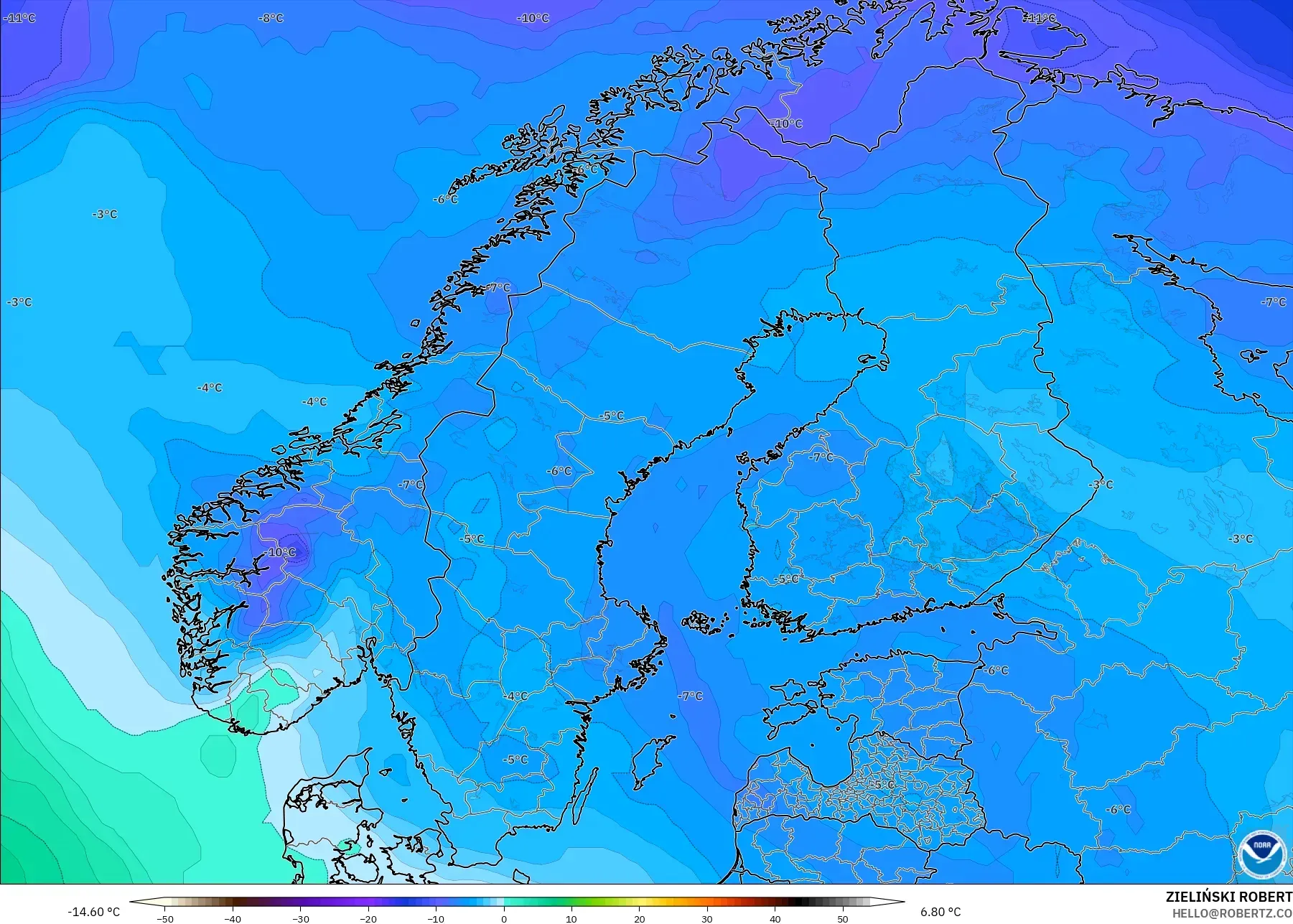 GFS modelo - Escandinavia, Temperatura a 850 hPa