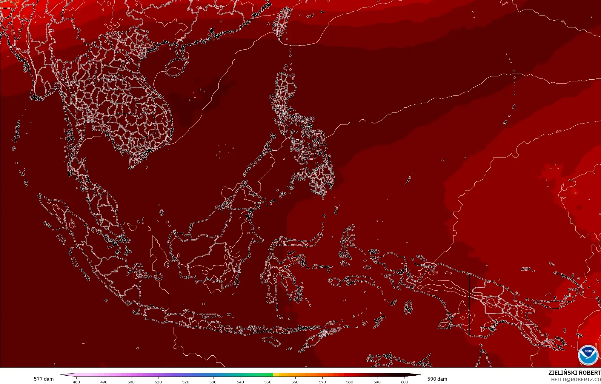 GFS modelo - Sudeste Asiático, Altura geopotencial a 500 hPa