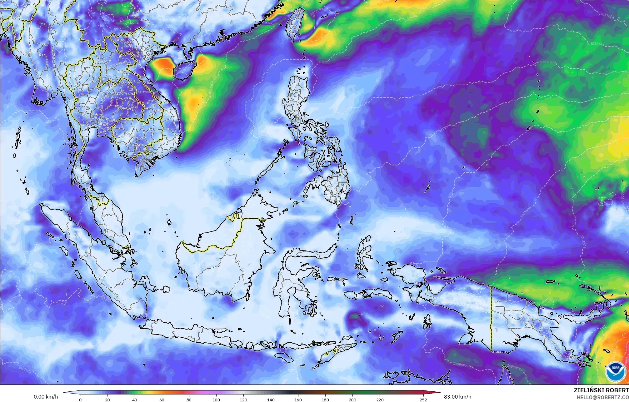 GFS modelo - Sudeste Asiático, Ráfagas de Viento Máximas