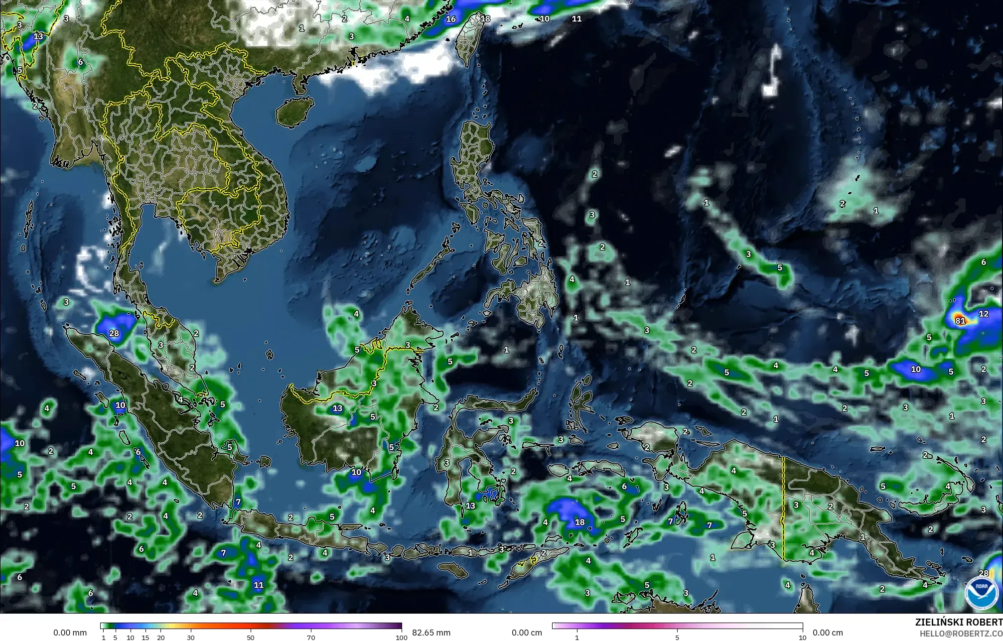 GFS modelo - Sudeste Asiático, Precipitación, nubes y presión