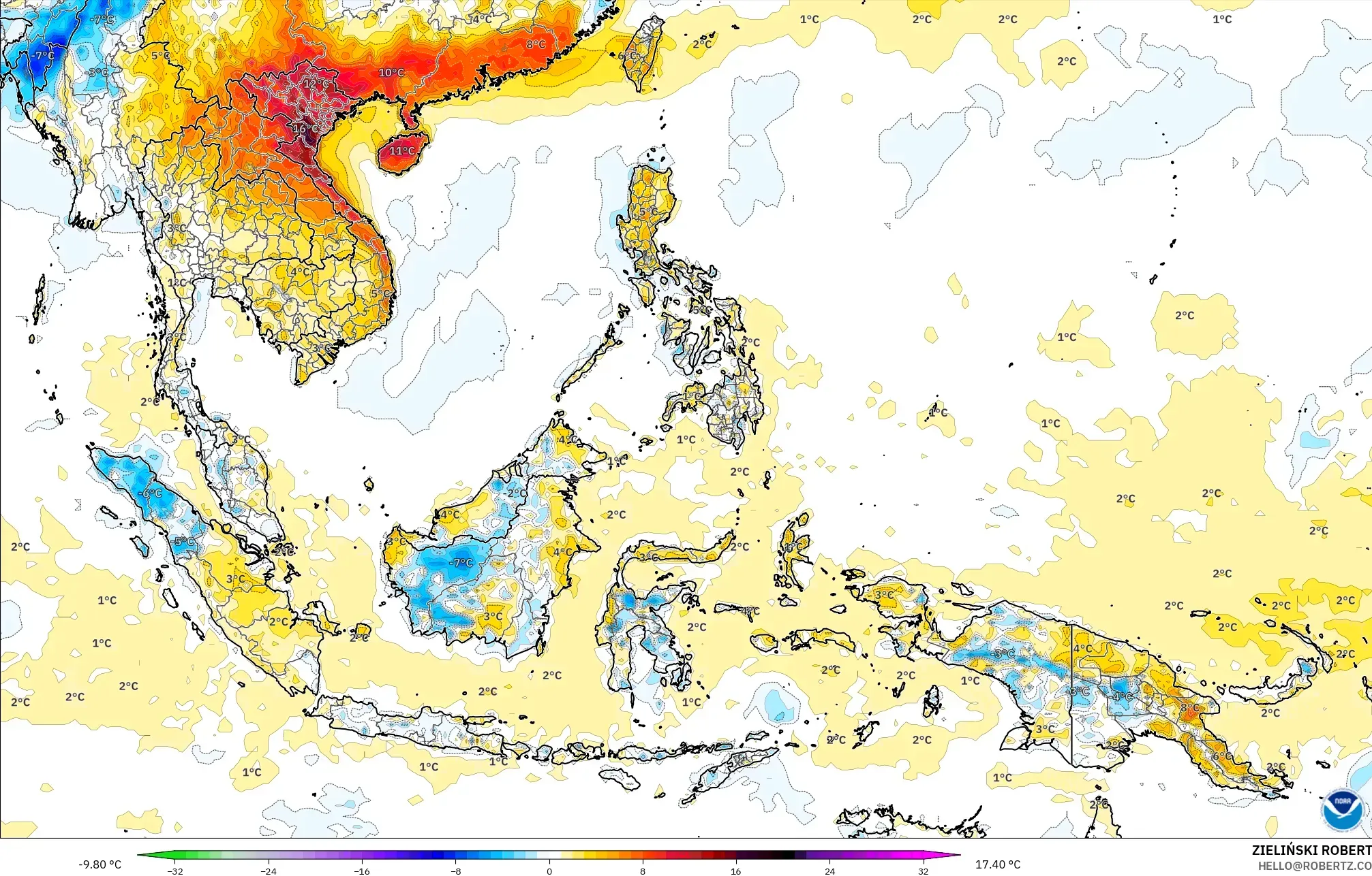 GFS modelo - Sudeste Asiático, Anomalía de temperatura a 2 m