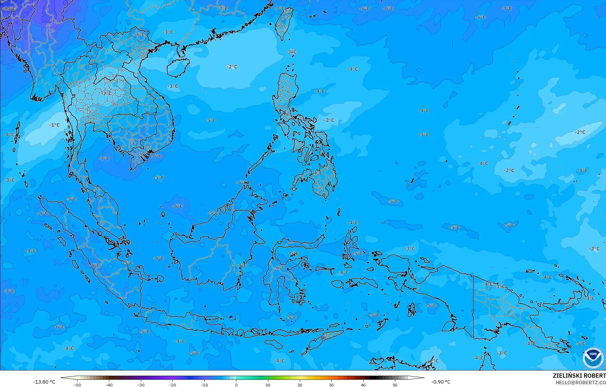 GFS modelo - Sudeste Asiático, Temperatura a 500 hPa