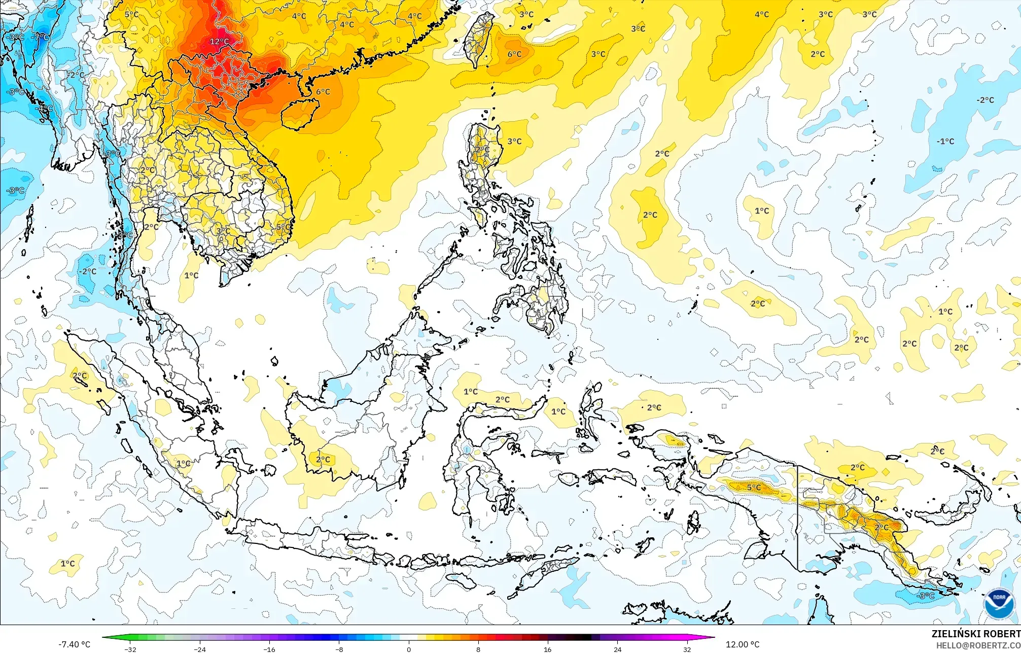 GFS modelo - Sudeste Asiático, Anomalía de temperatura a 850 hPa