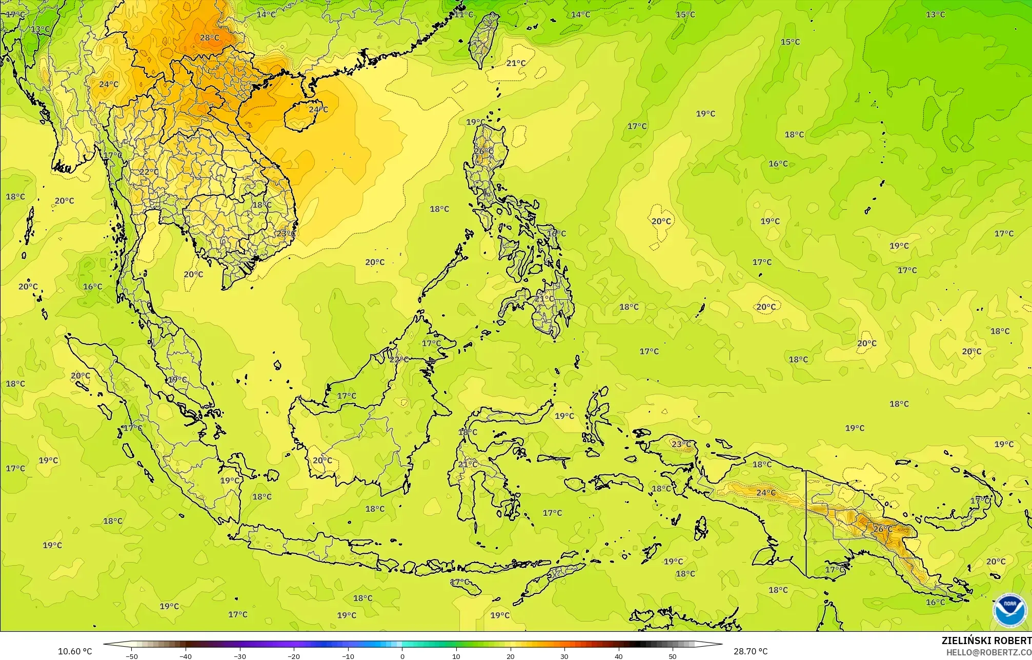 GFS modelo - Sudeste Asiático, Temperatura a 850 hPa