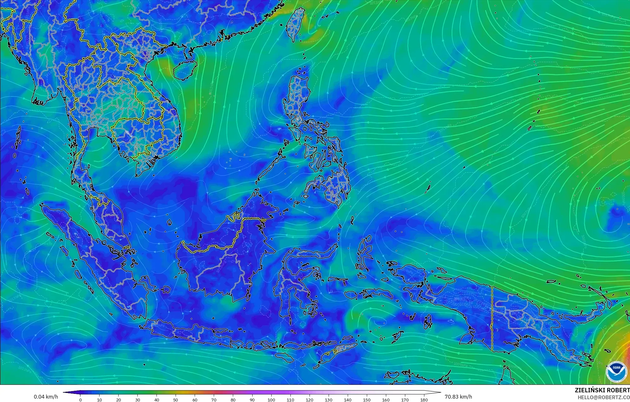 GFS modelo - Sudeste Asiático, Viento a 10 m