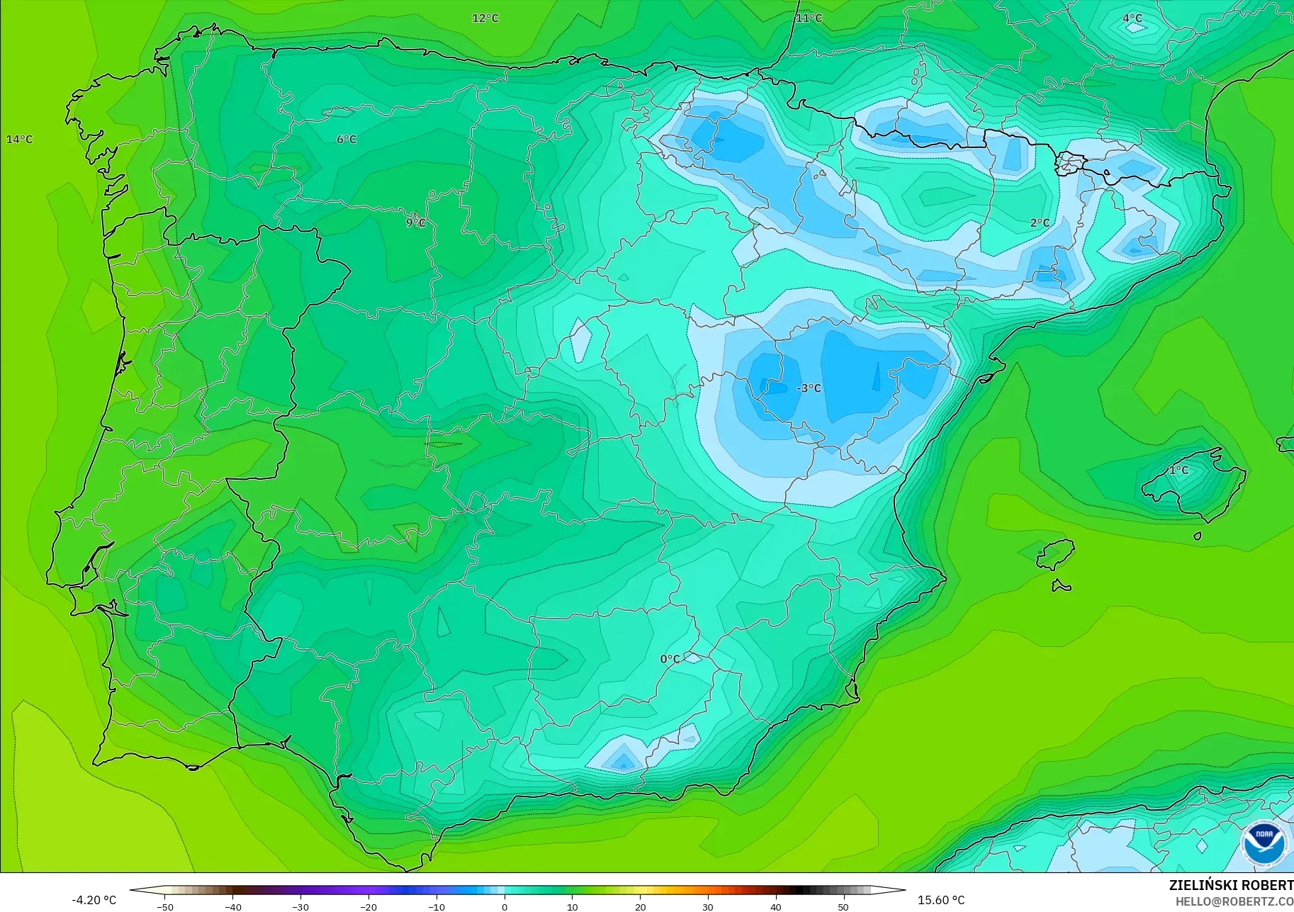 GFS modelo - España, Punto de rocío a 2 m