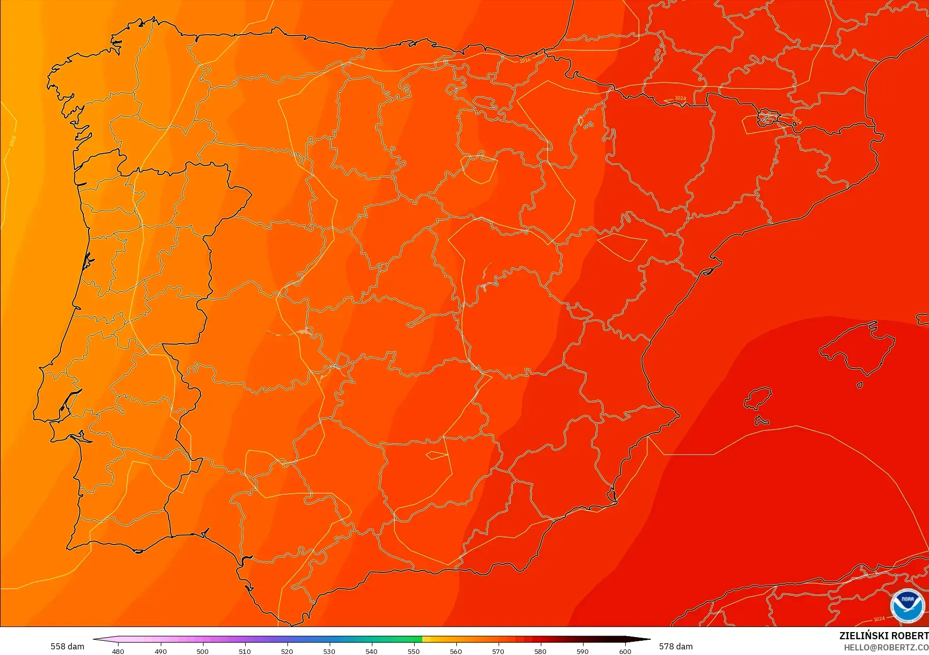 GFS modelo - España, Altura geopotencial a 500 hPa