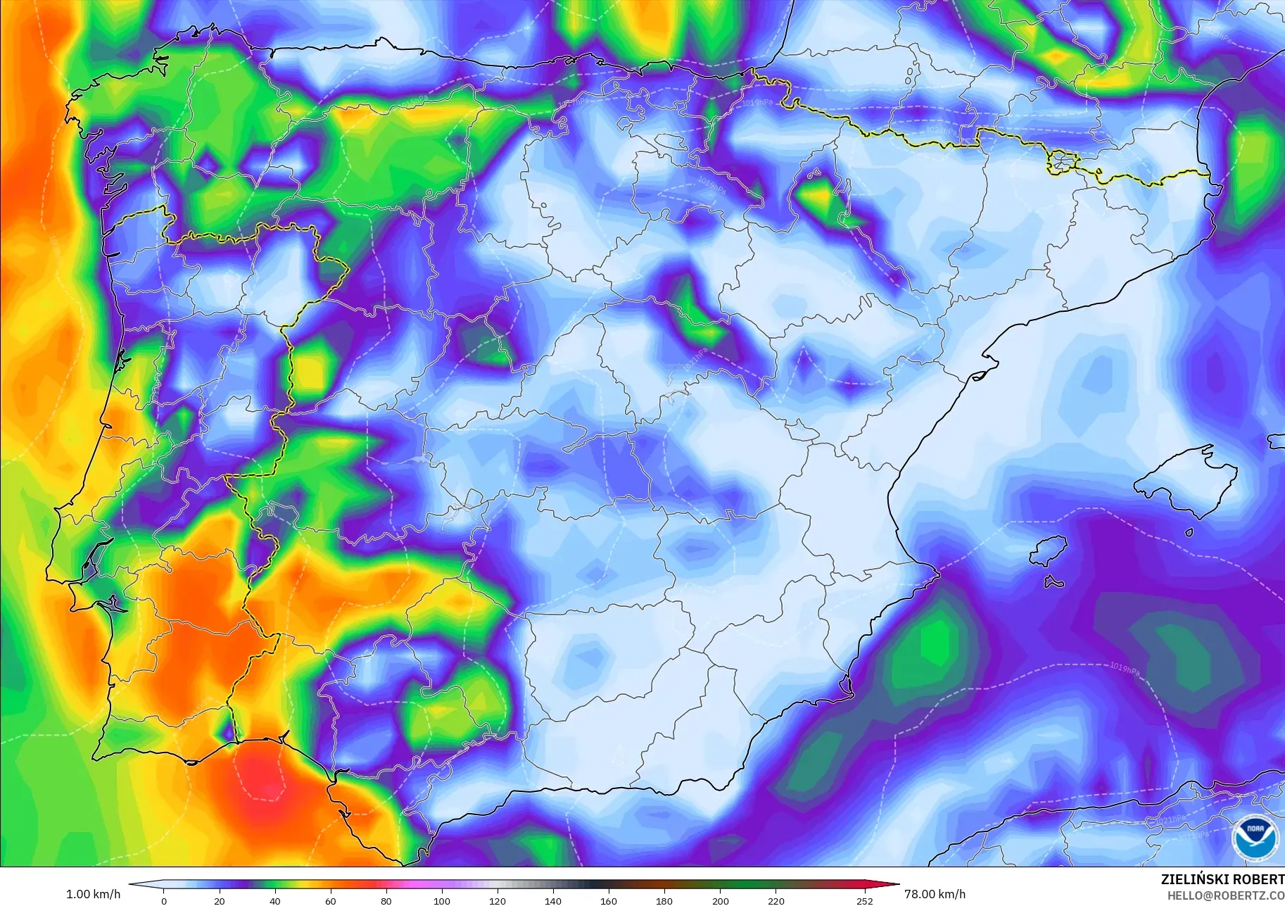 GFS modelo - España, Ráfagas de Viento Máximas