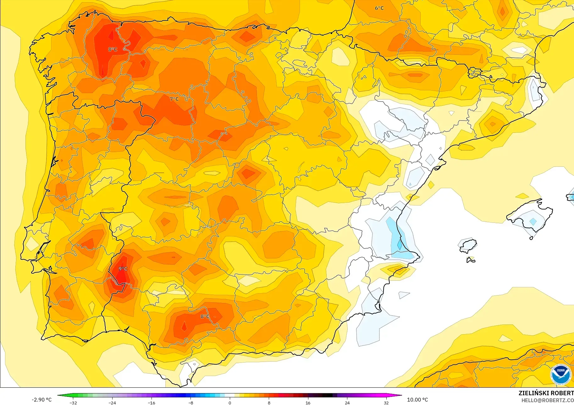 GFS modelo - España, Anomalía de temperatura a 2 m
