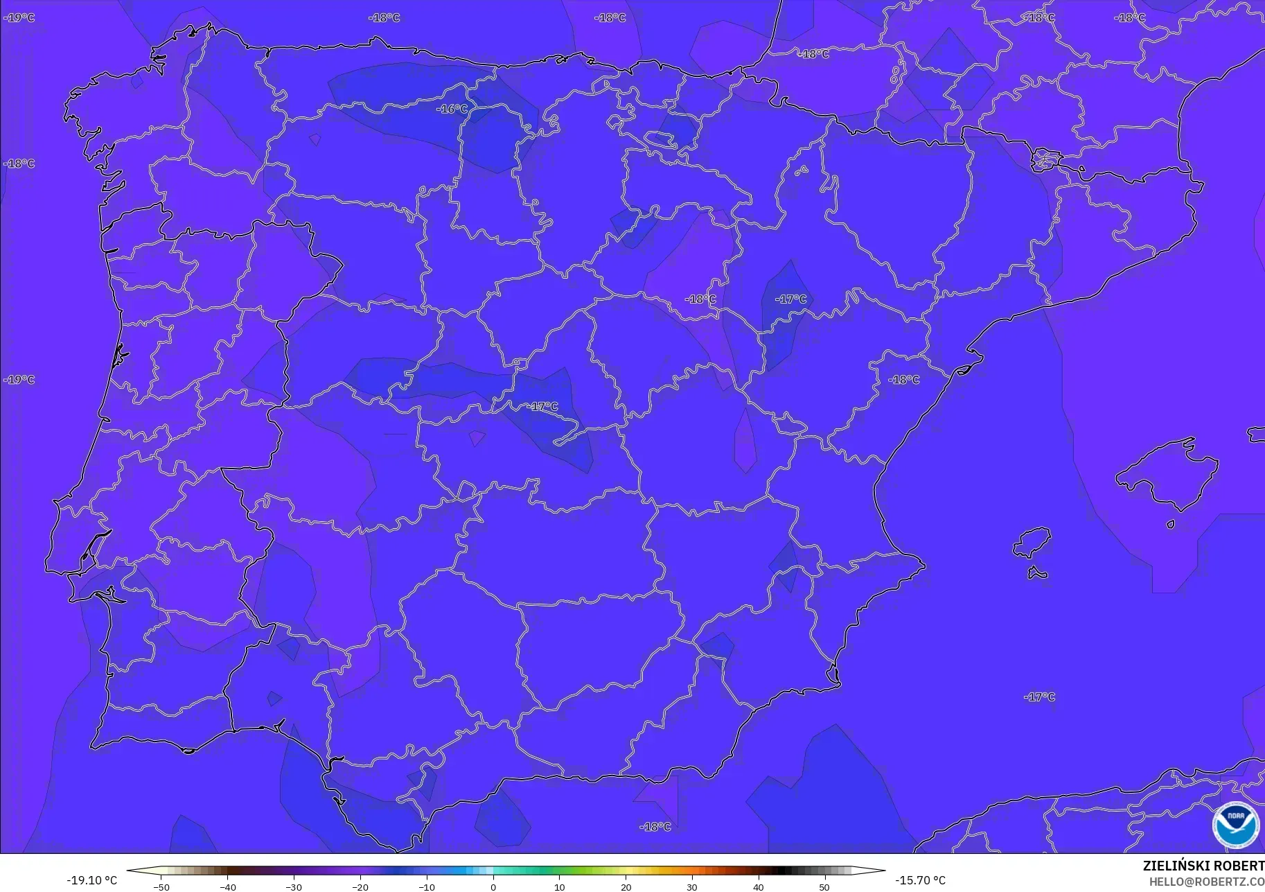 GFS modelo - España, Temperatura a 500 hPa