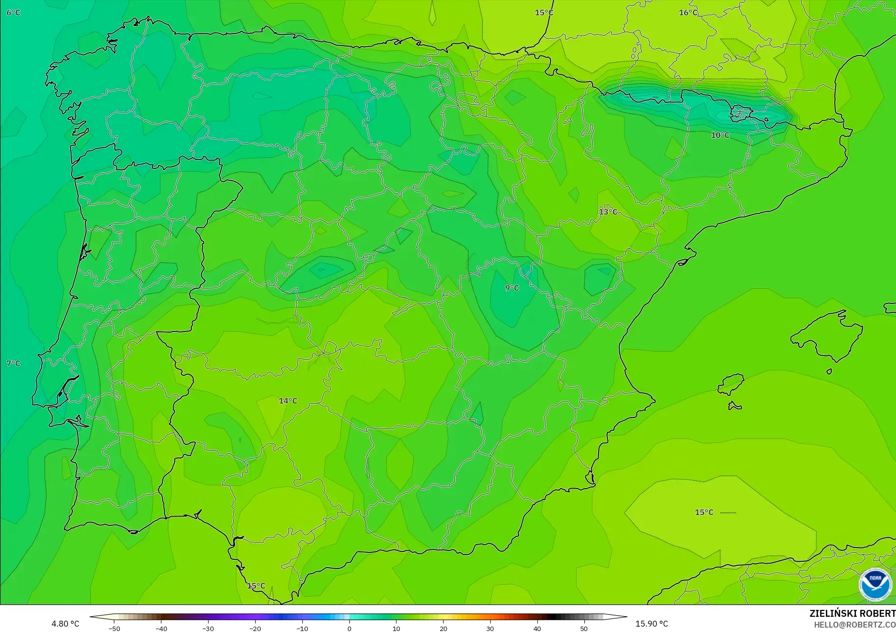 GFS modelo - España, Temperatura a 850 hPa