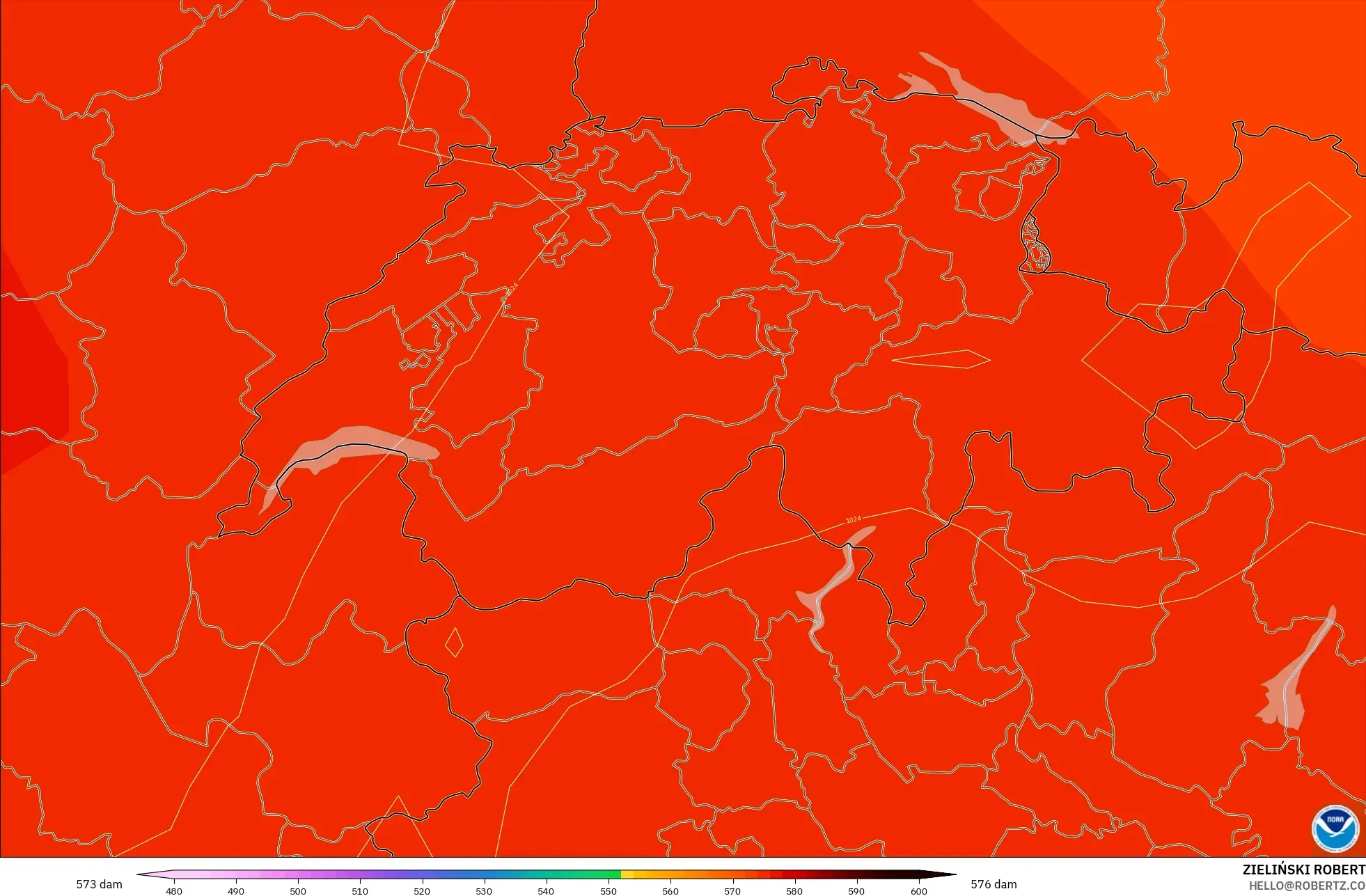 GFS modelo - Suiza, Altura geopotencial a 500 hPa