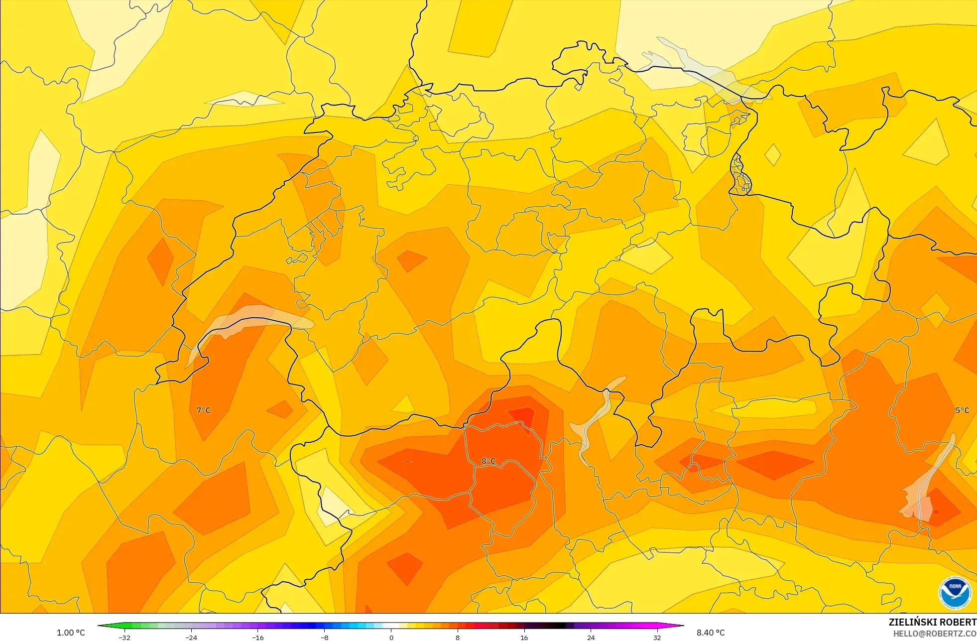 GFS modelo - Suiza, Anomalía de temperatura a 2 m