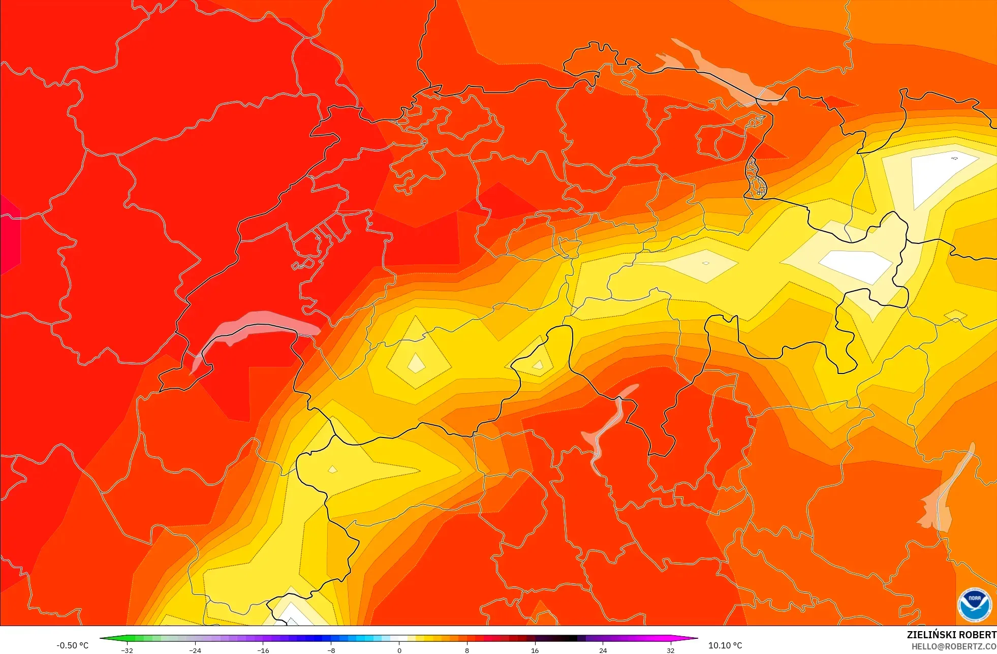 GFS modelo - Suiza, Anomalía de temperatura a 850 hPa
