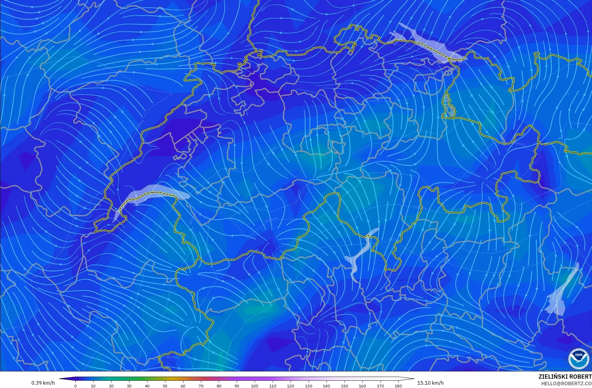GFS modelo - Suiza, Viento a 10 m