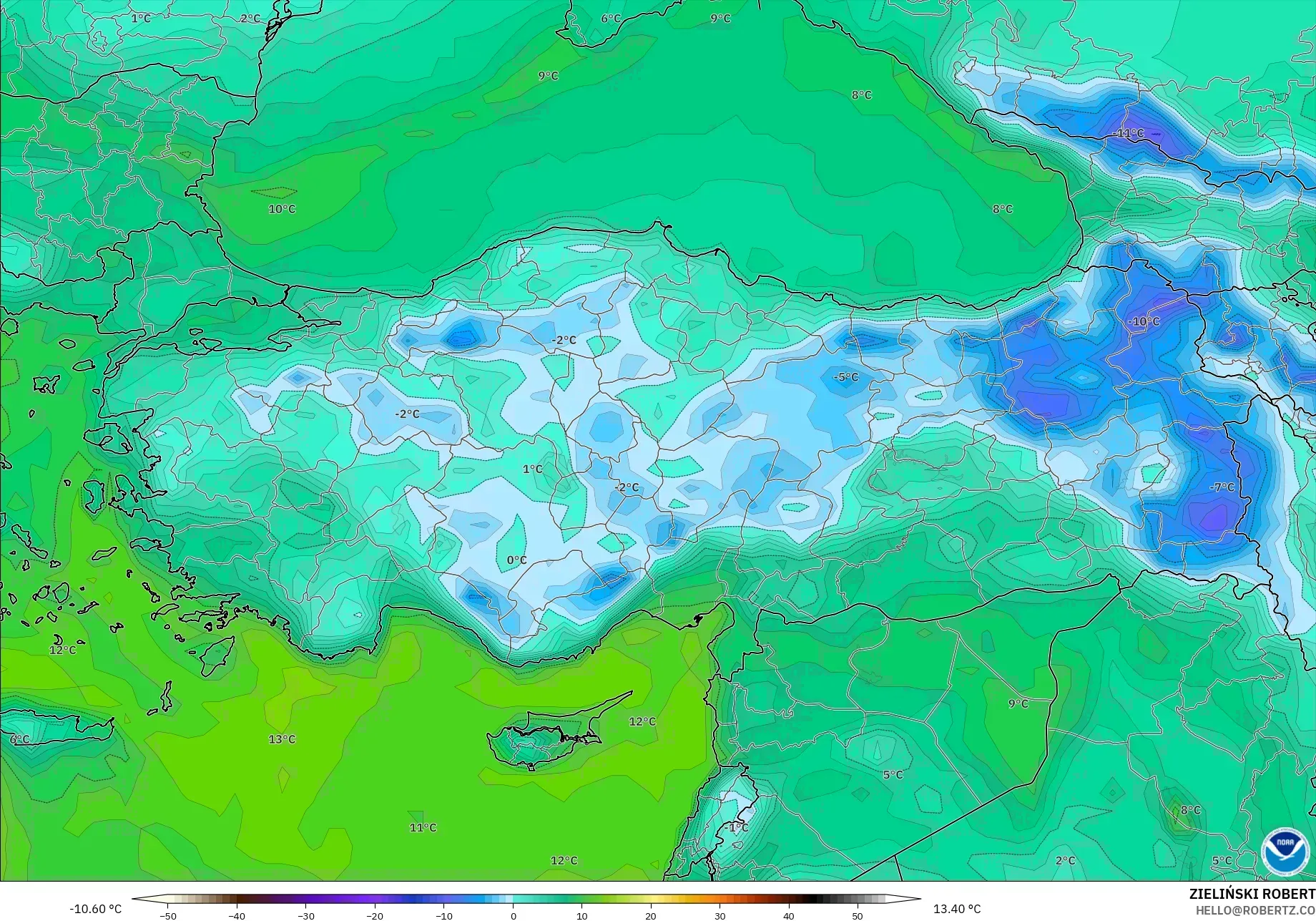 GFS modelo - Turquía, Punto de rocío a 2 m
